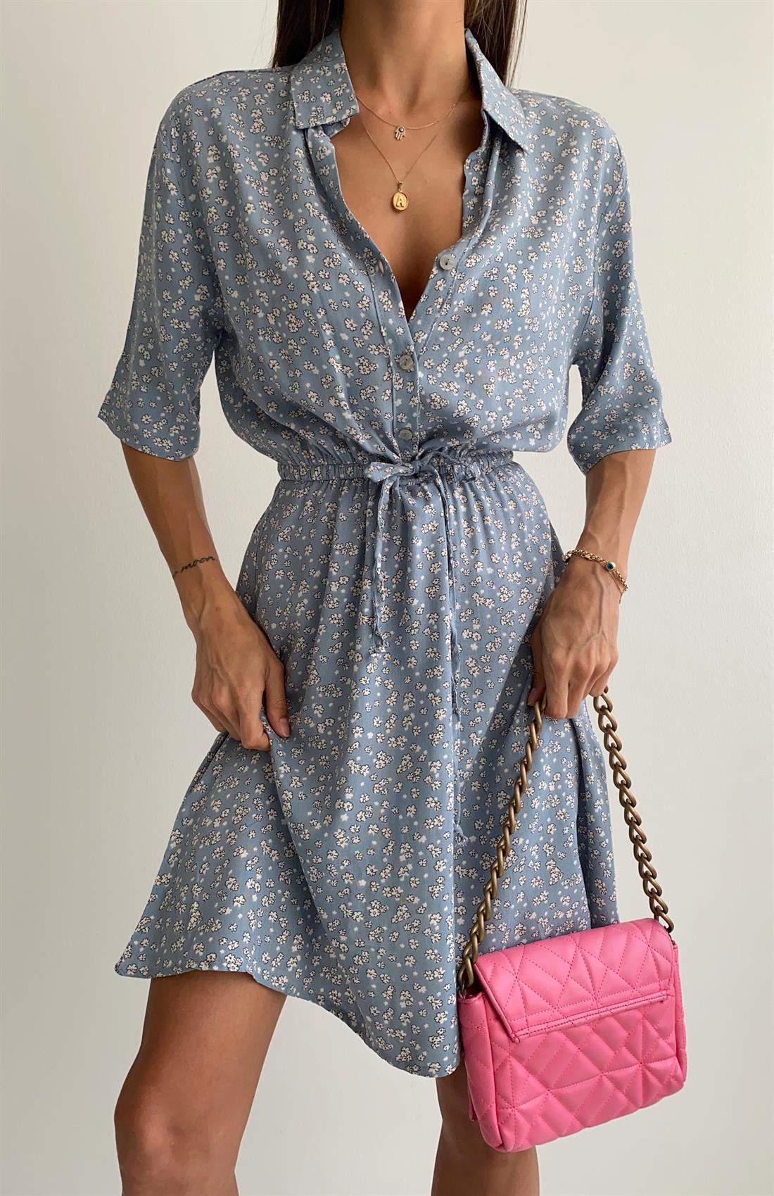 Önü Düğmeli Elbise MAVİ