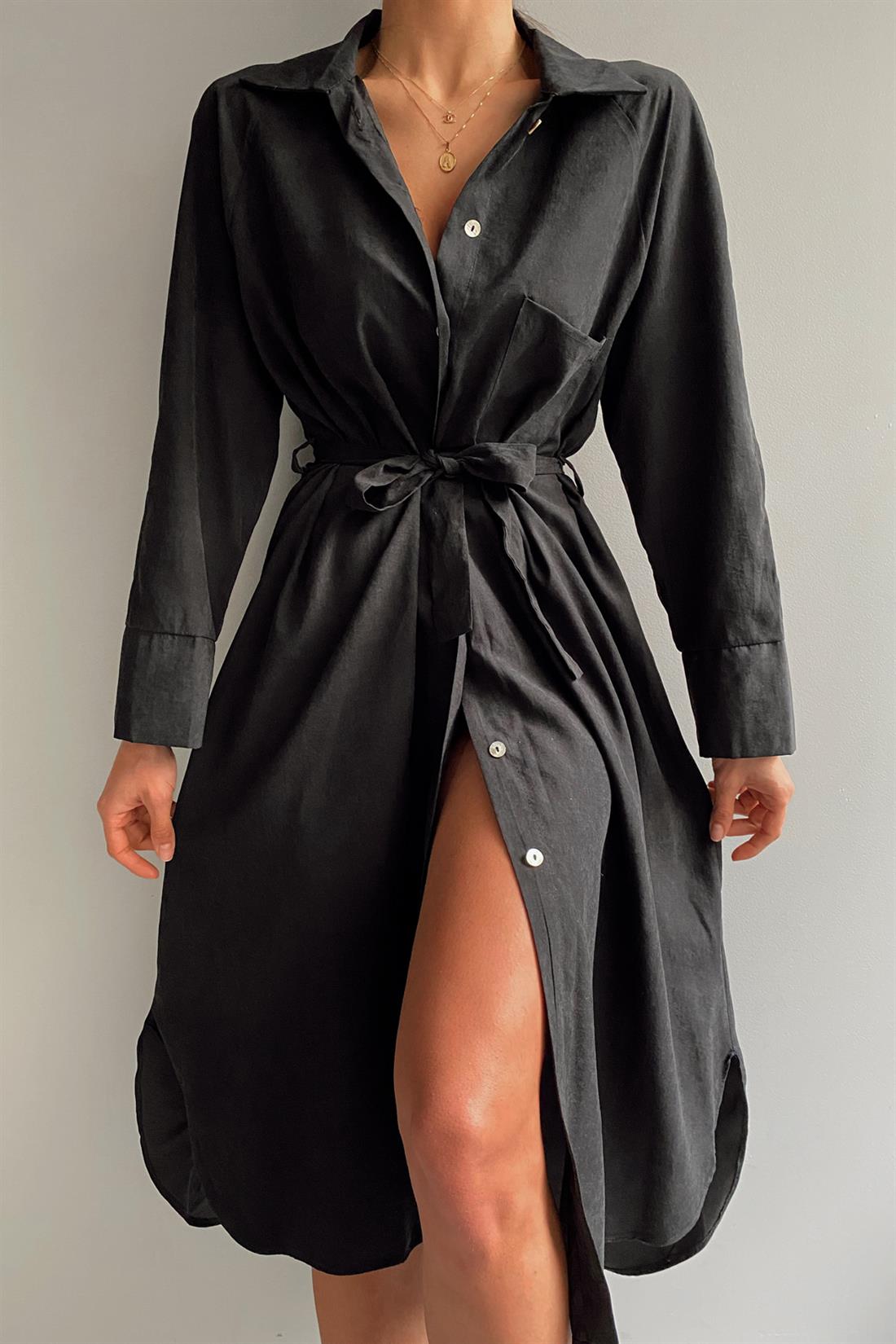 Önü Düğmeli Uzun Elbise SİYAH