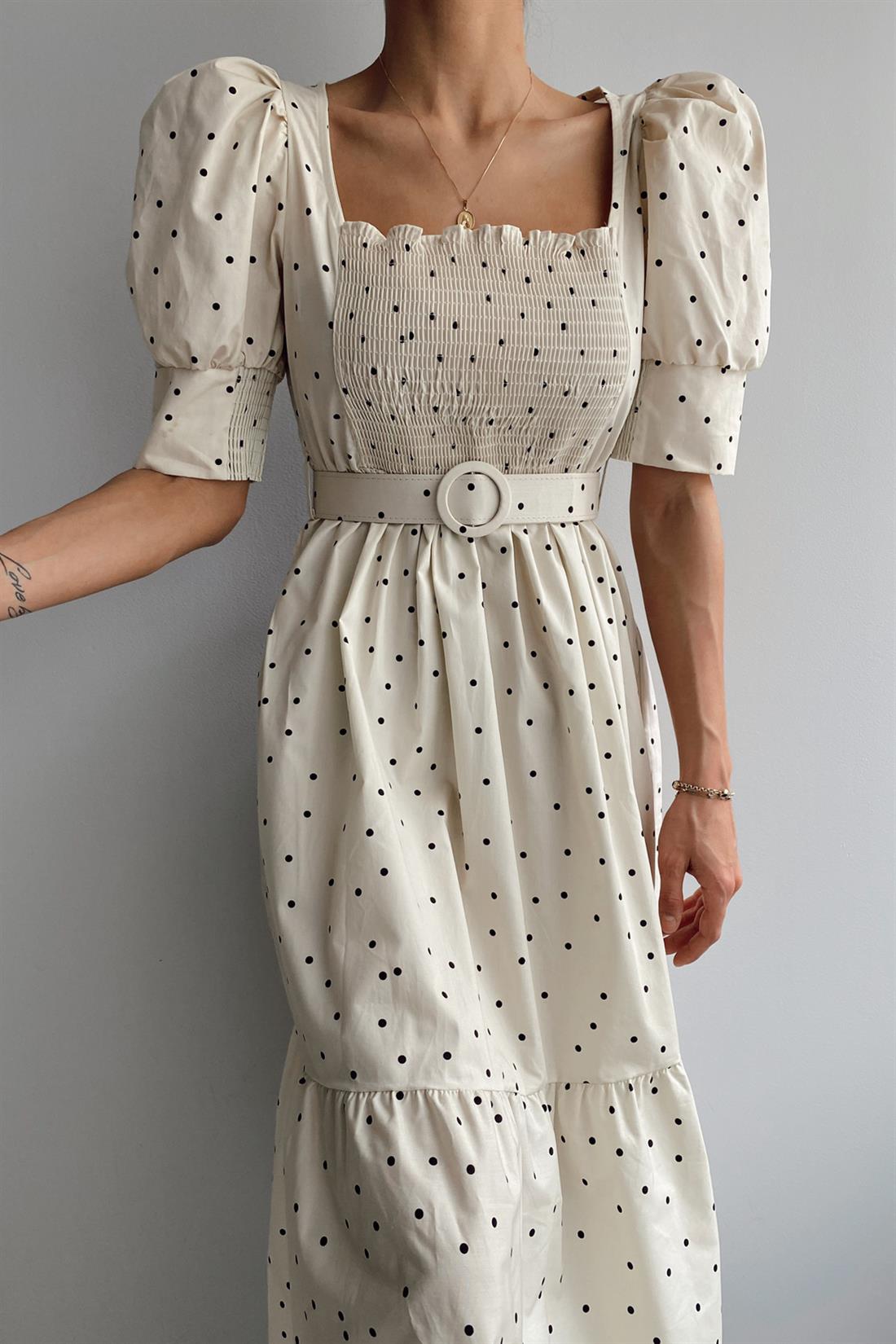 Önü Pileli Elbise BEJ