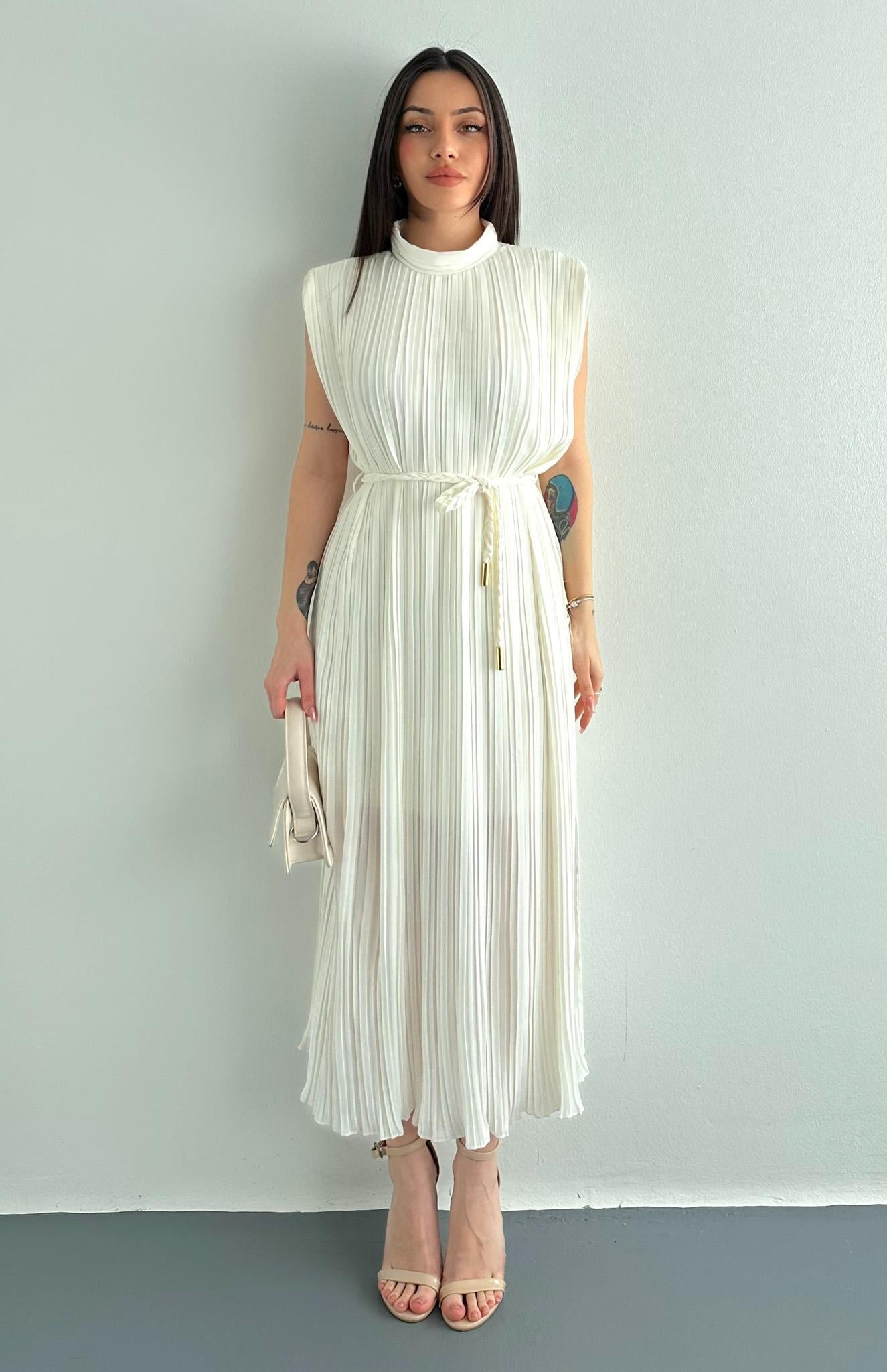 Pliseli Elbise KREM