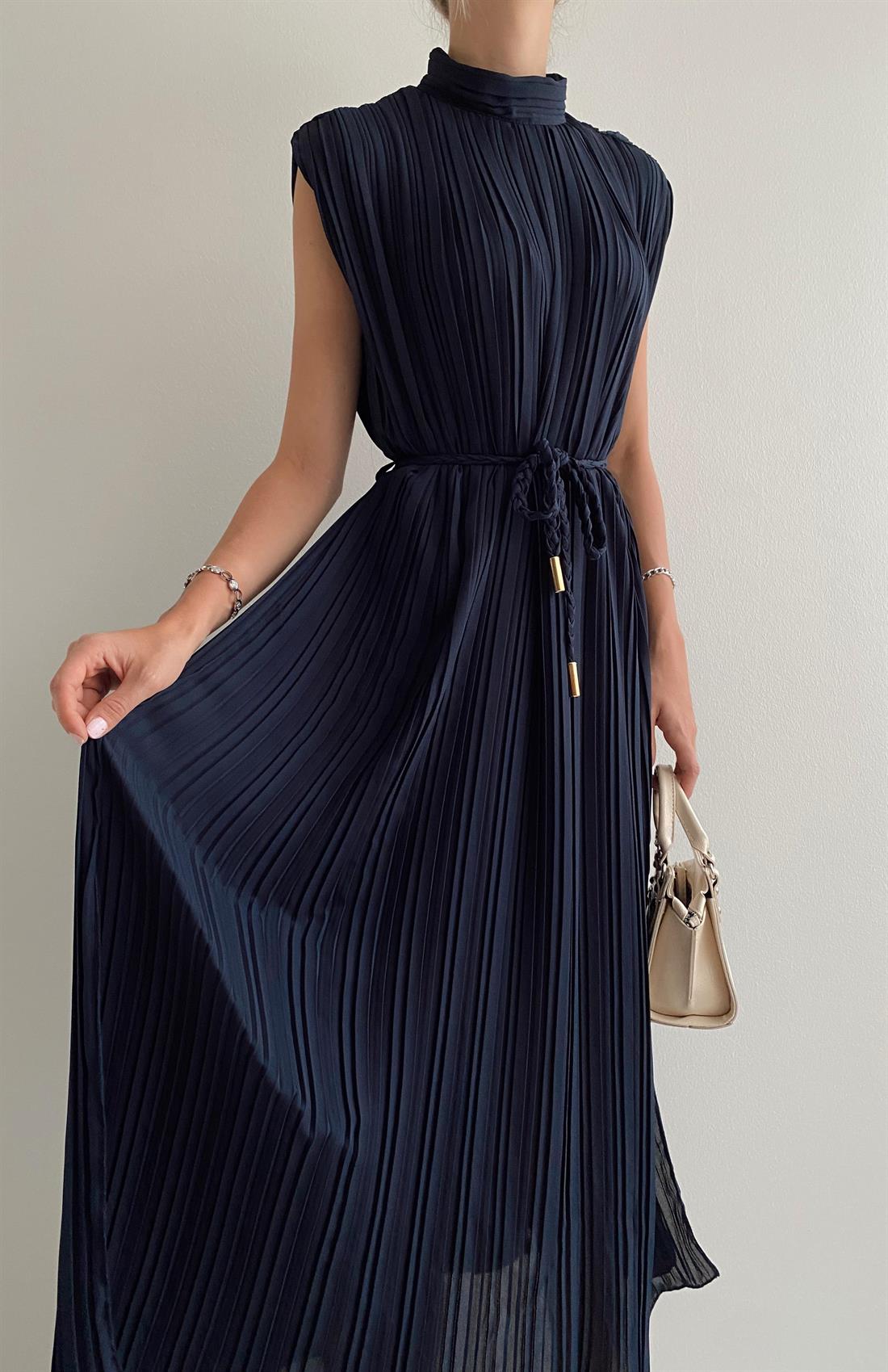 Pliseli Elbise LACİVERT