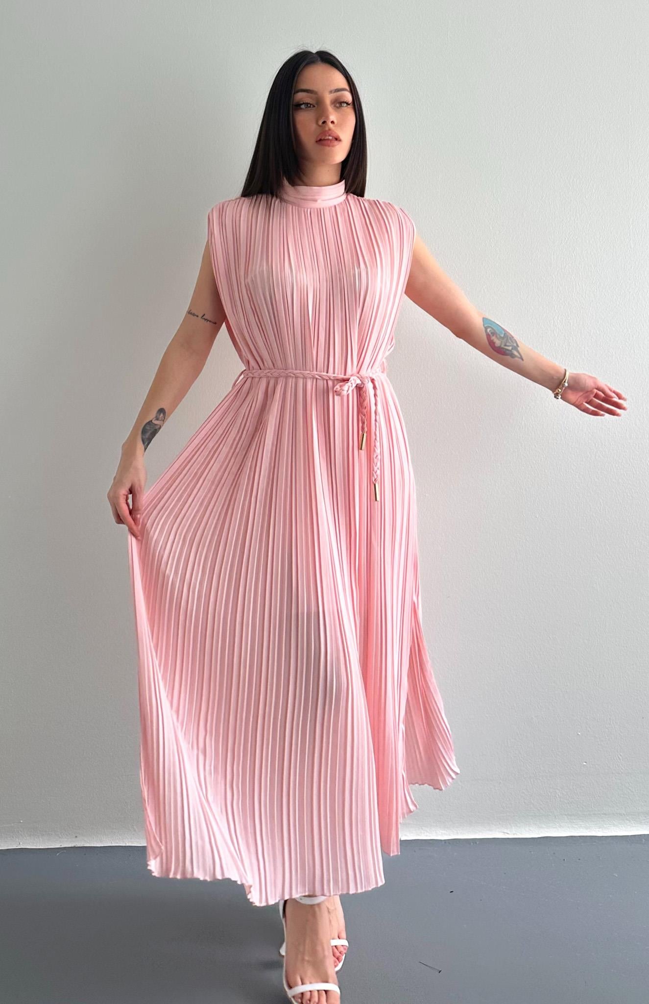 Pliseli Elbise PEMBE