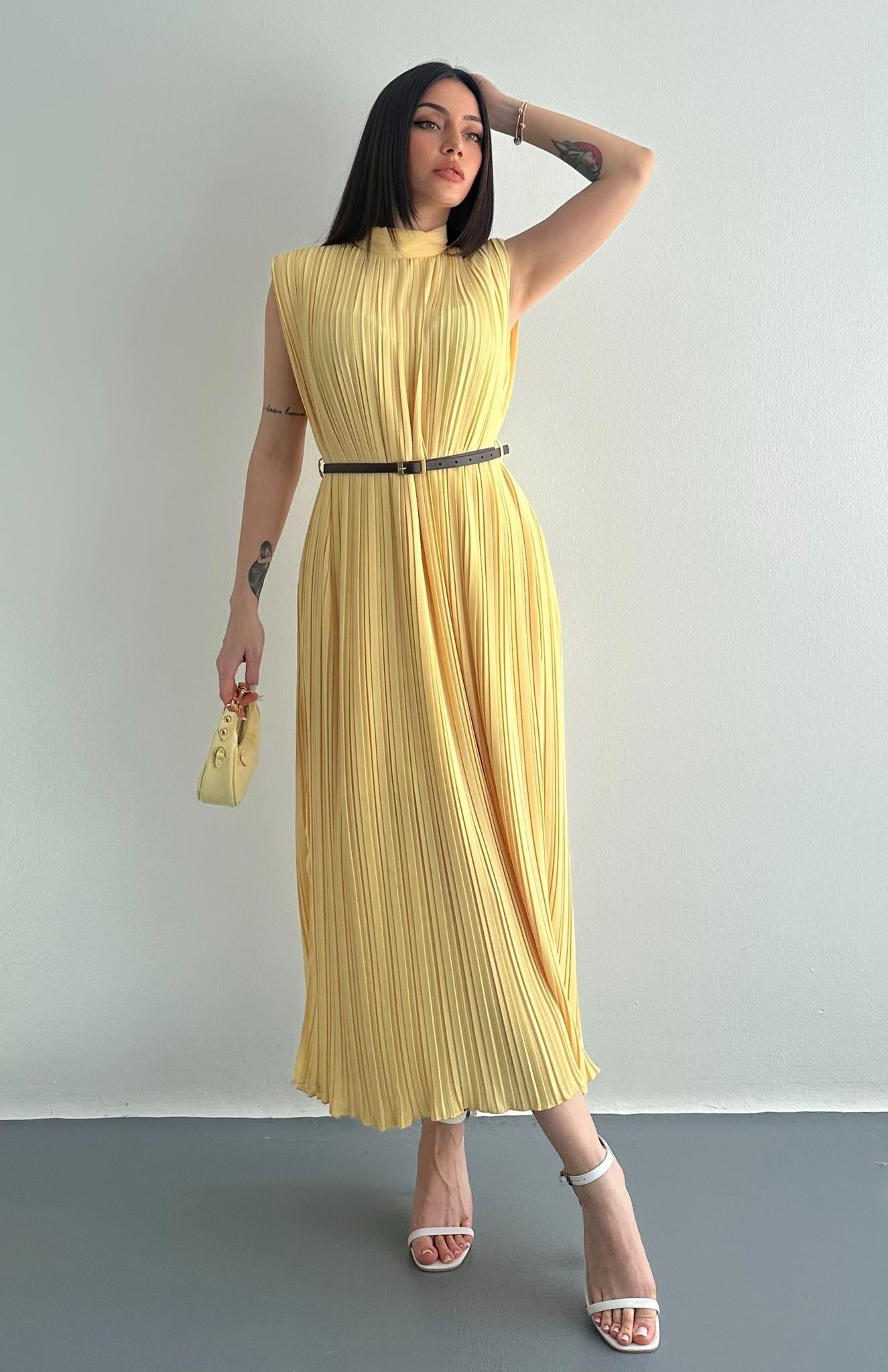Pliseli Elbise SARI