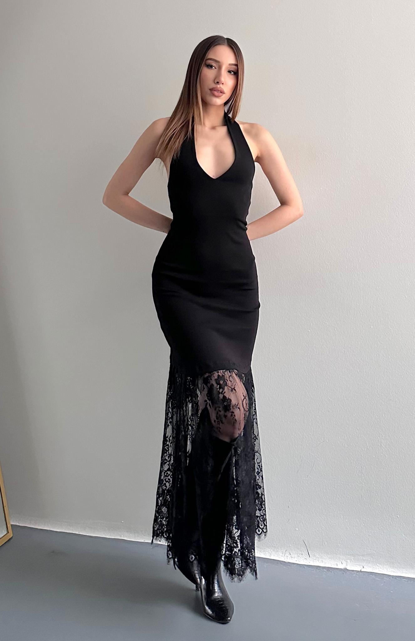 Sırt Dekolteli Dantel Etekli Elbise SİYAH