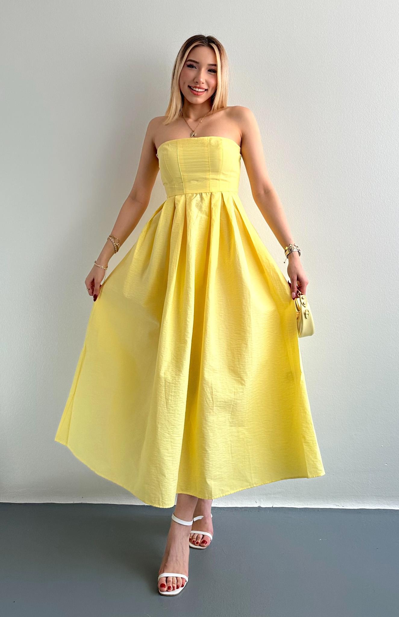 Straplez Midi Boy Elbise SARI