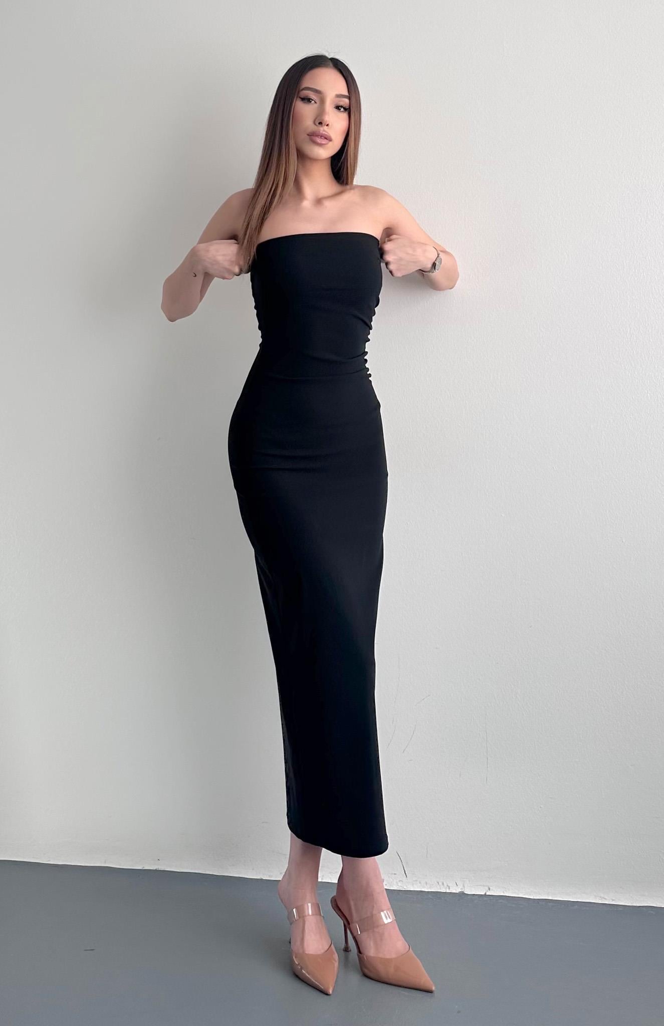 Straplez Midi Boy Elbise SİYAH