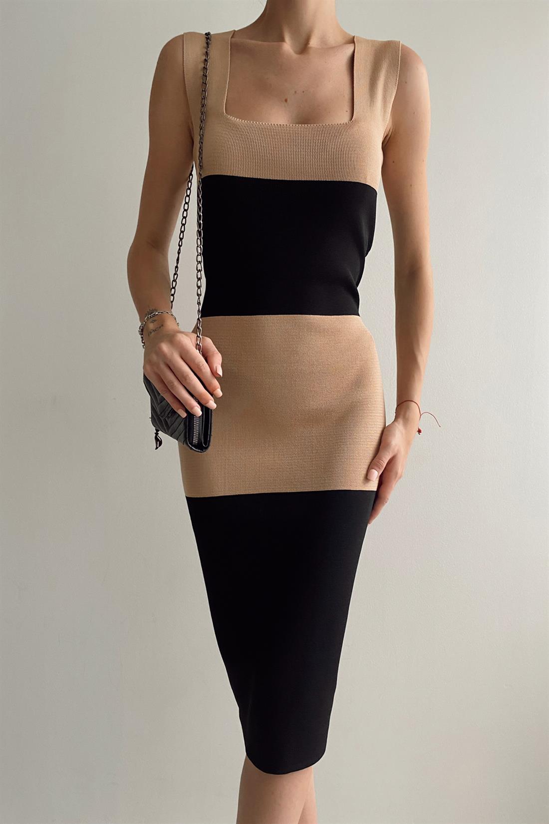 Üsttü Şeritli Triko Elbise BEJ