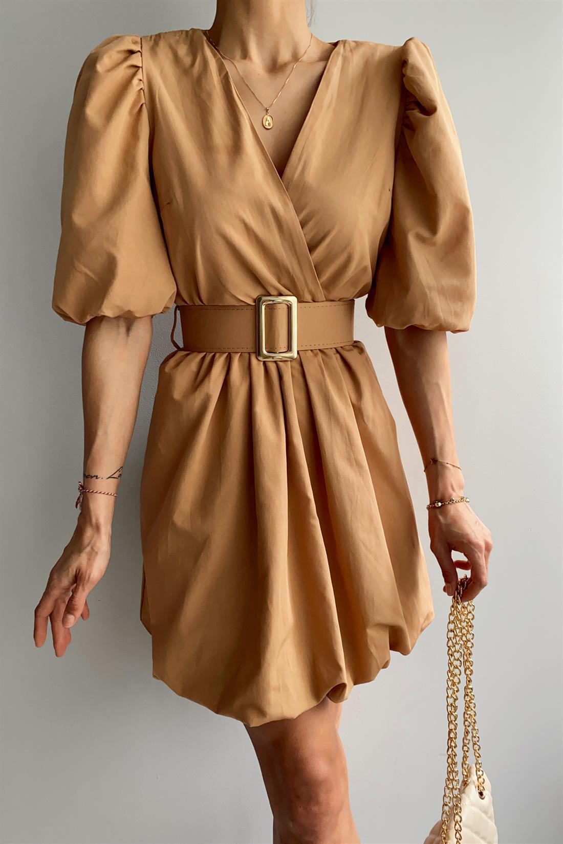 V Yaka Balon Kol Elbise TABA