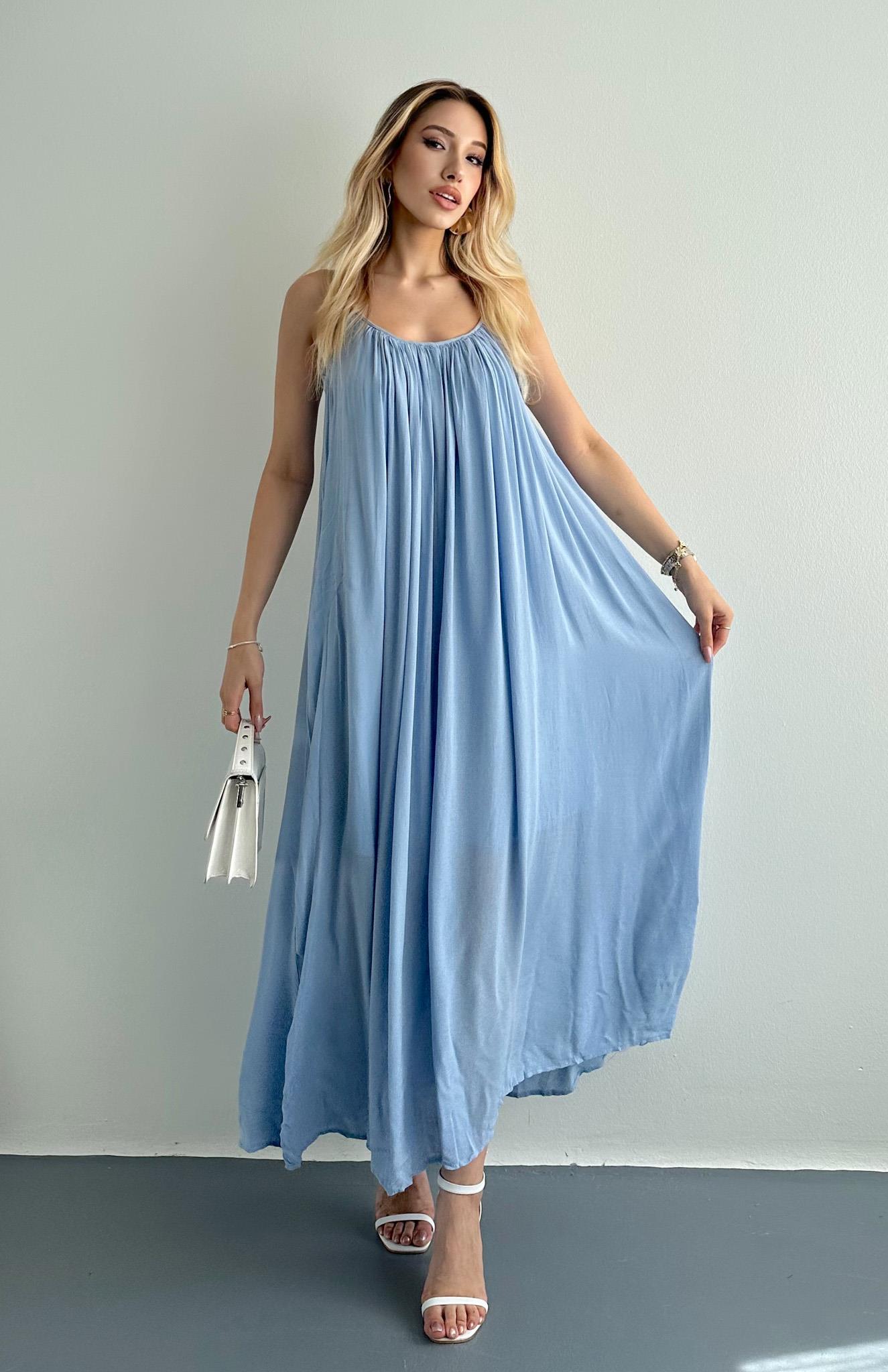 V Yaka Büzgülü Askılı Elbise B.MAVİ