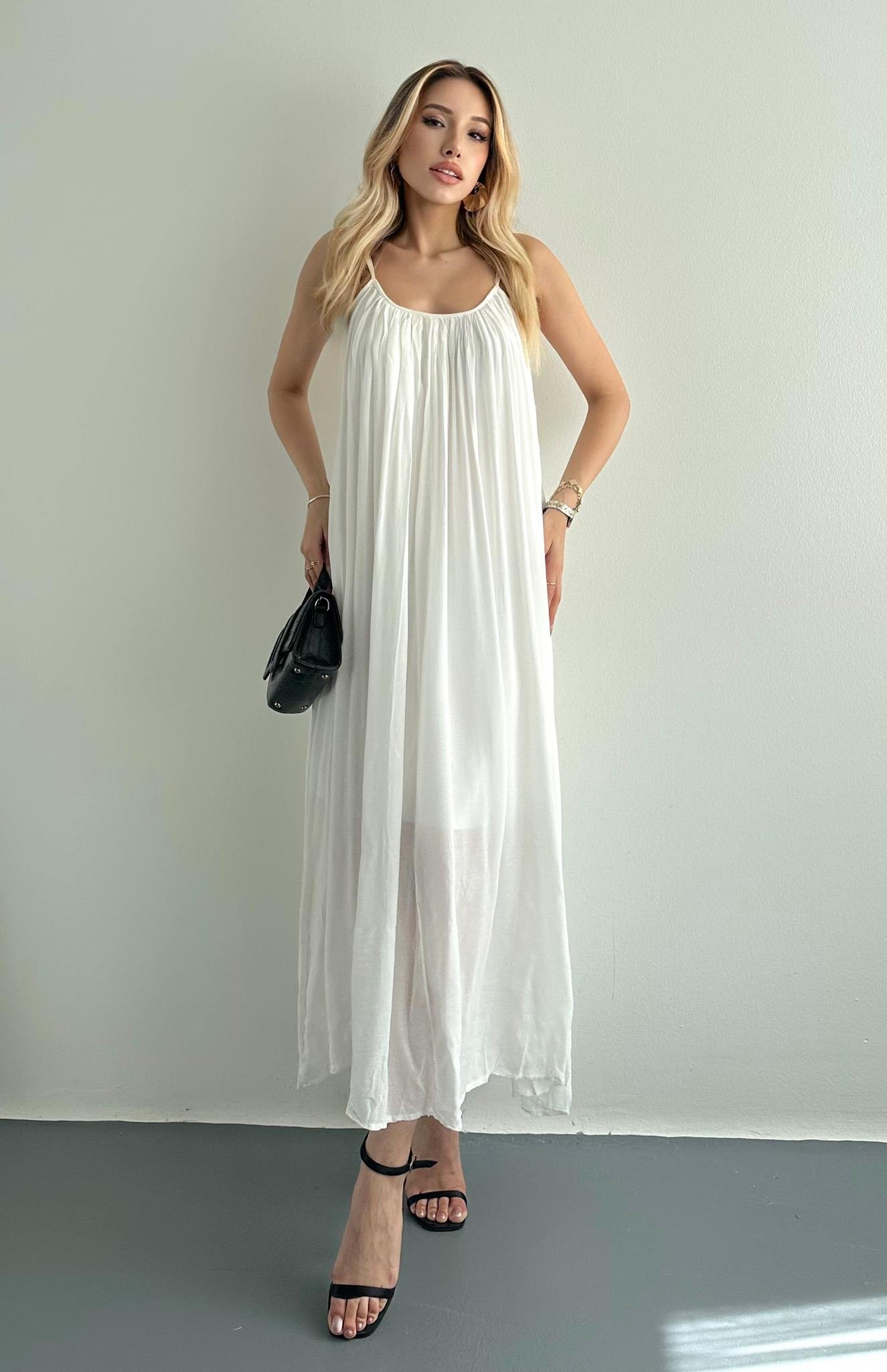 V Yaka Büzgülü Askılı Elbise EKRU