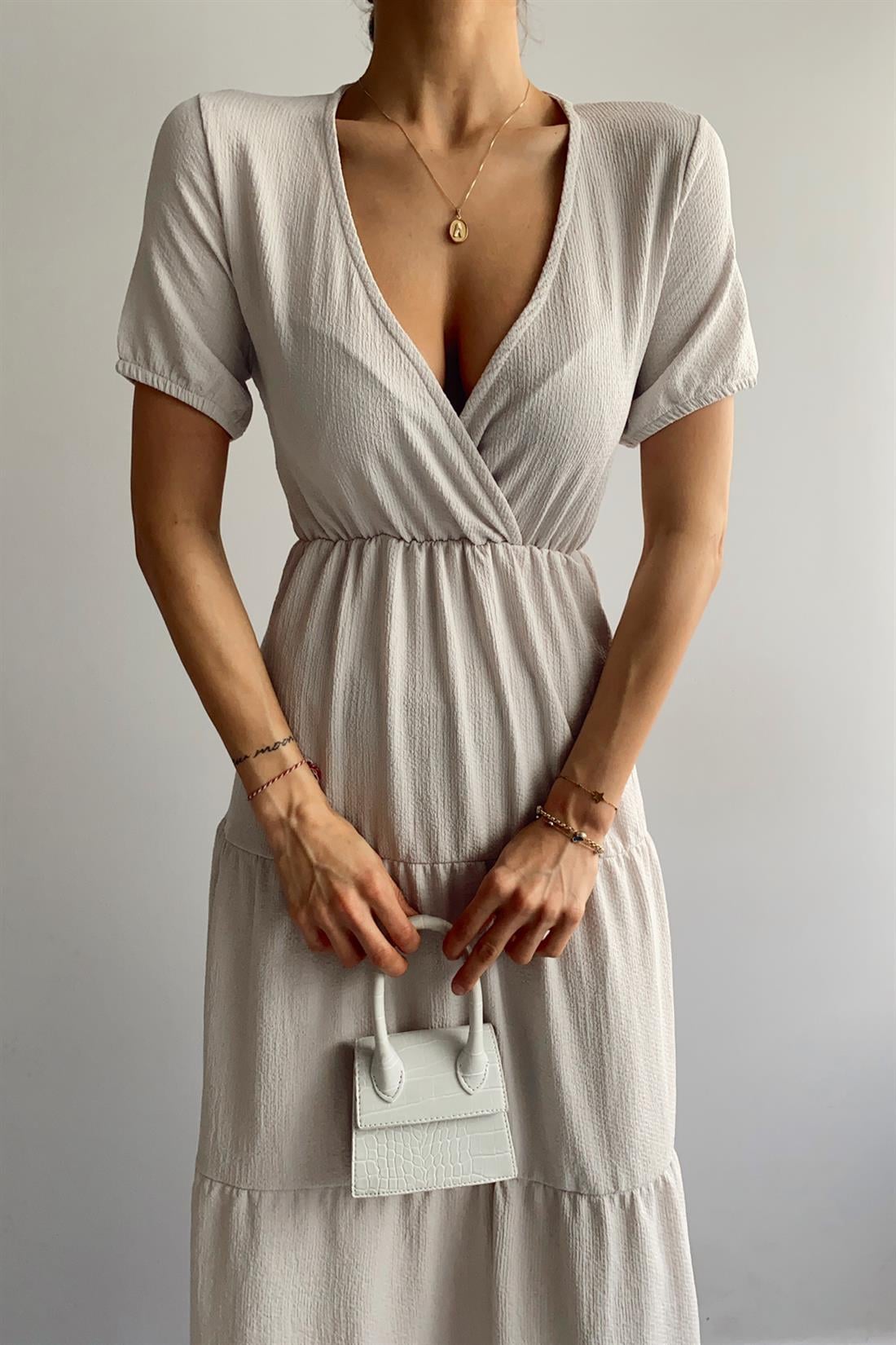 V Yaka Kolu Lastikli Elbise TAŞ