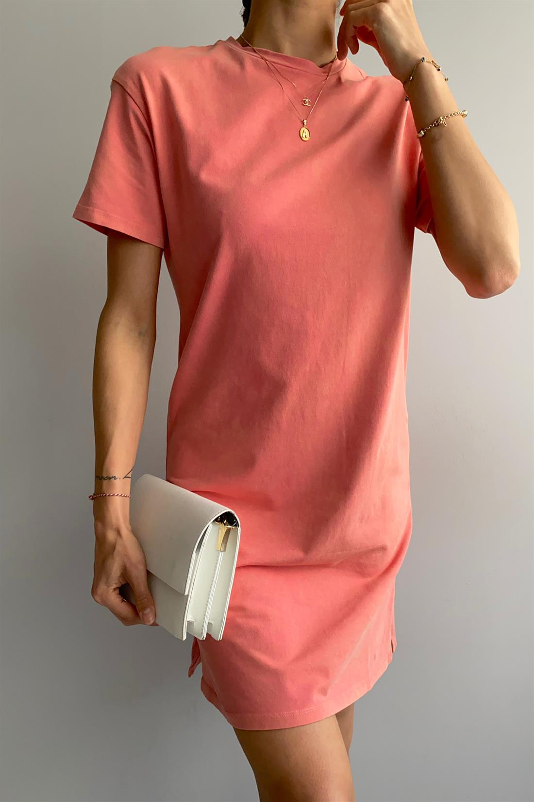 Yıkamalı Penye Elbise PEMBE