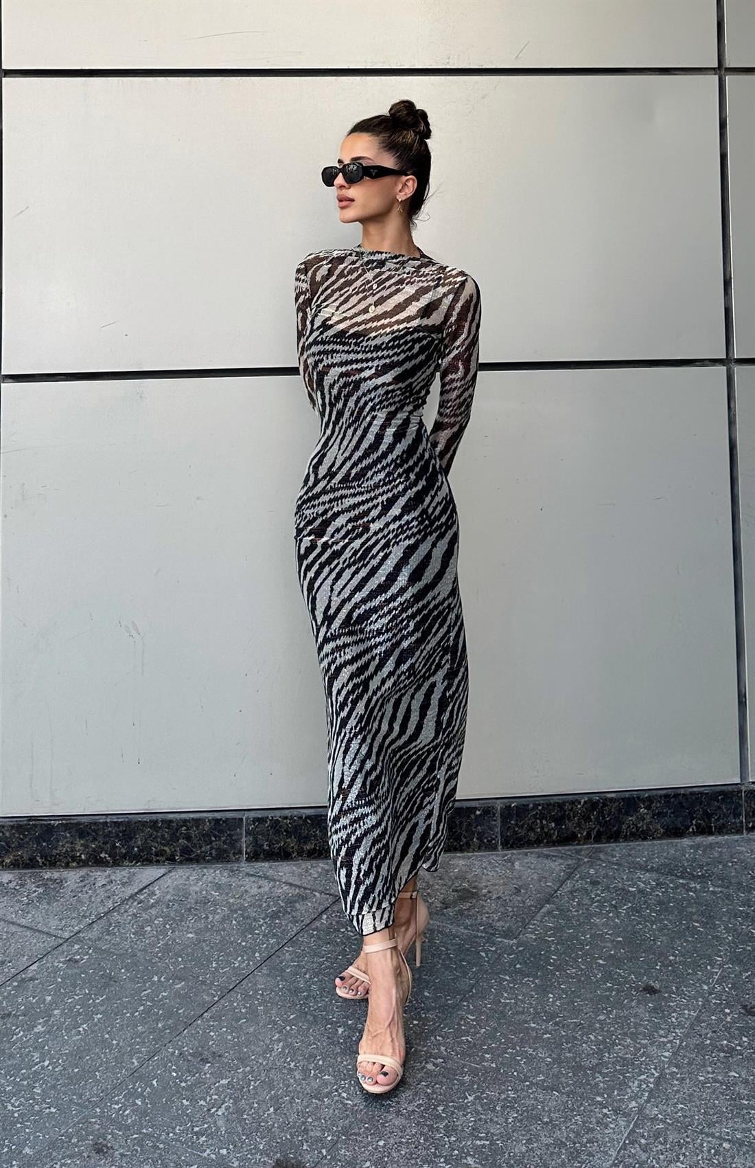 Zebra Desen Tül Elbise SİYAH