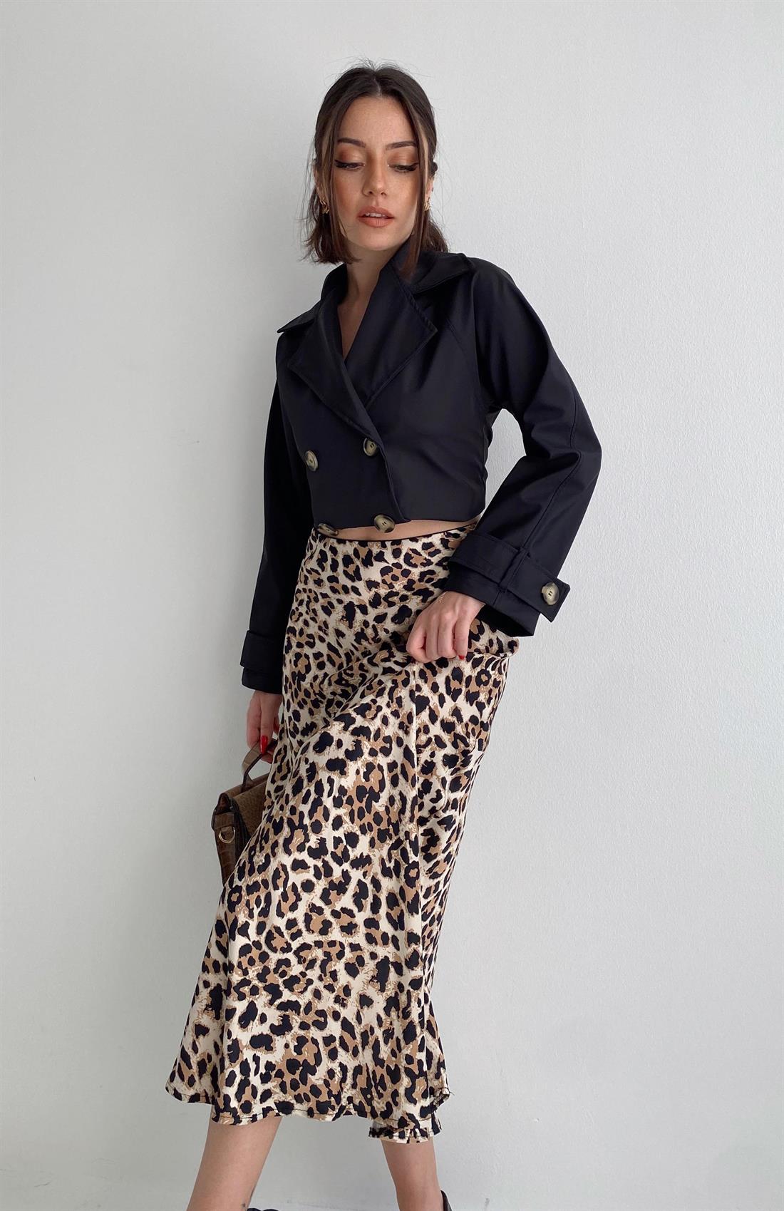 Bej Renk Leopar Desen Saten Etek BEJ