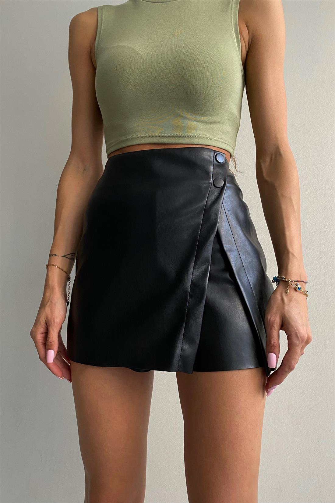 Deri Şort Etek SİYAH