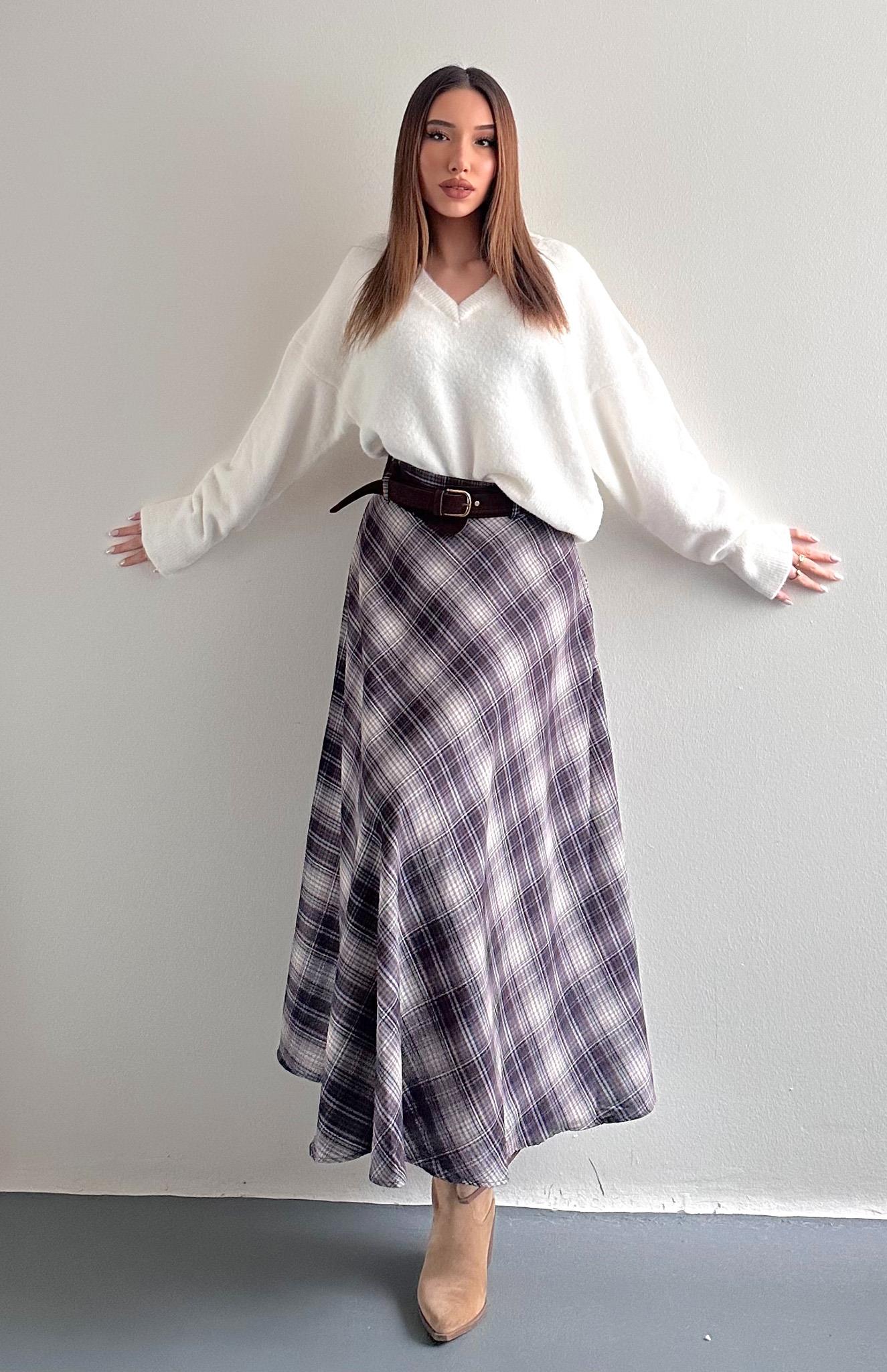 Ekose Kemerli Etek Kahve-bej