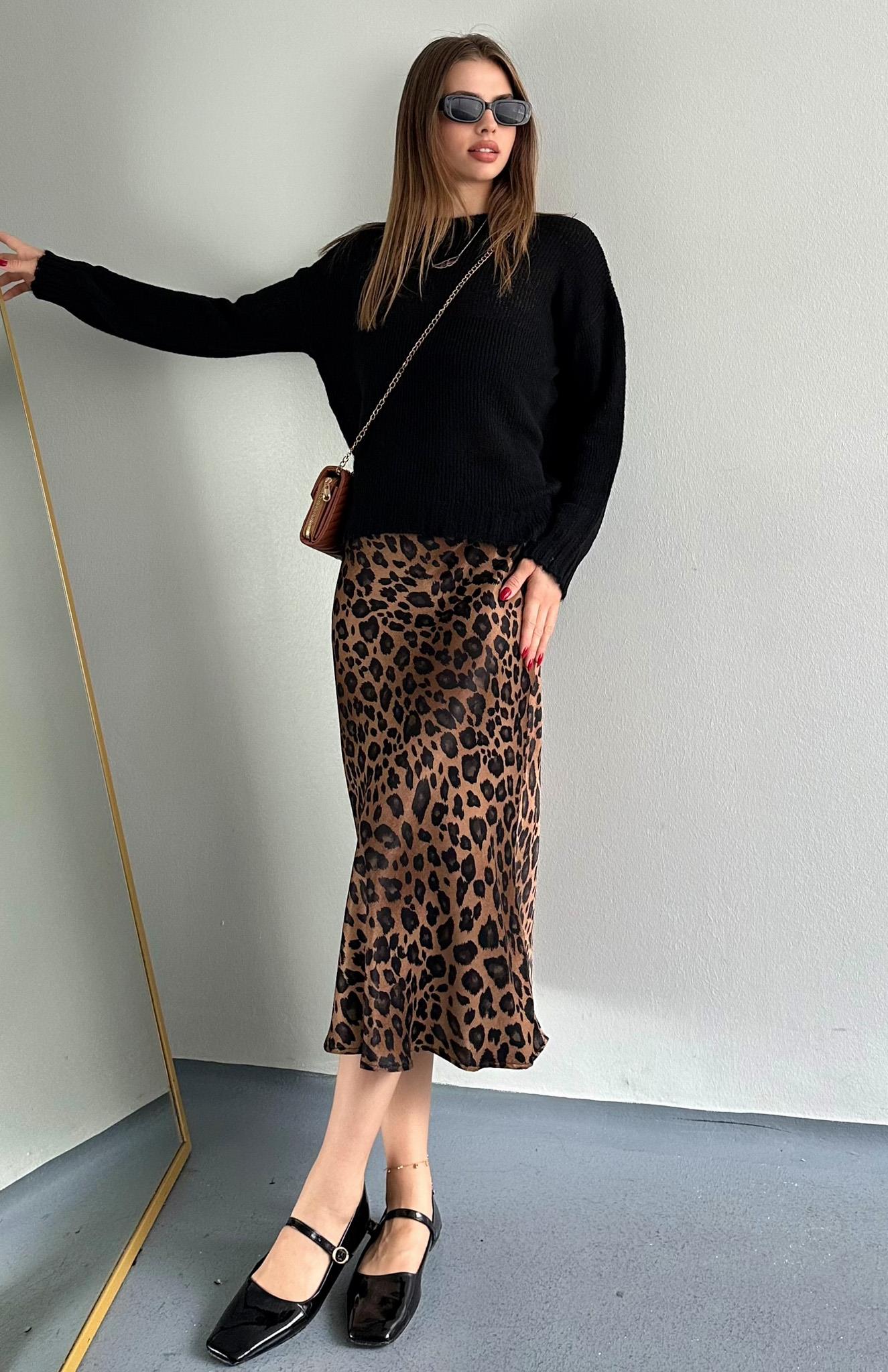 Kahve Leopar Desen Saten Etek KAHVERENGİ