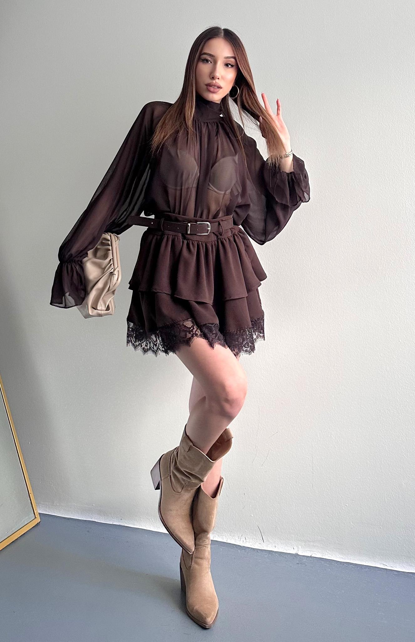 Kemerli Dantel Detaylı Etek KAHVERENGİ