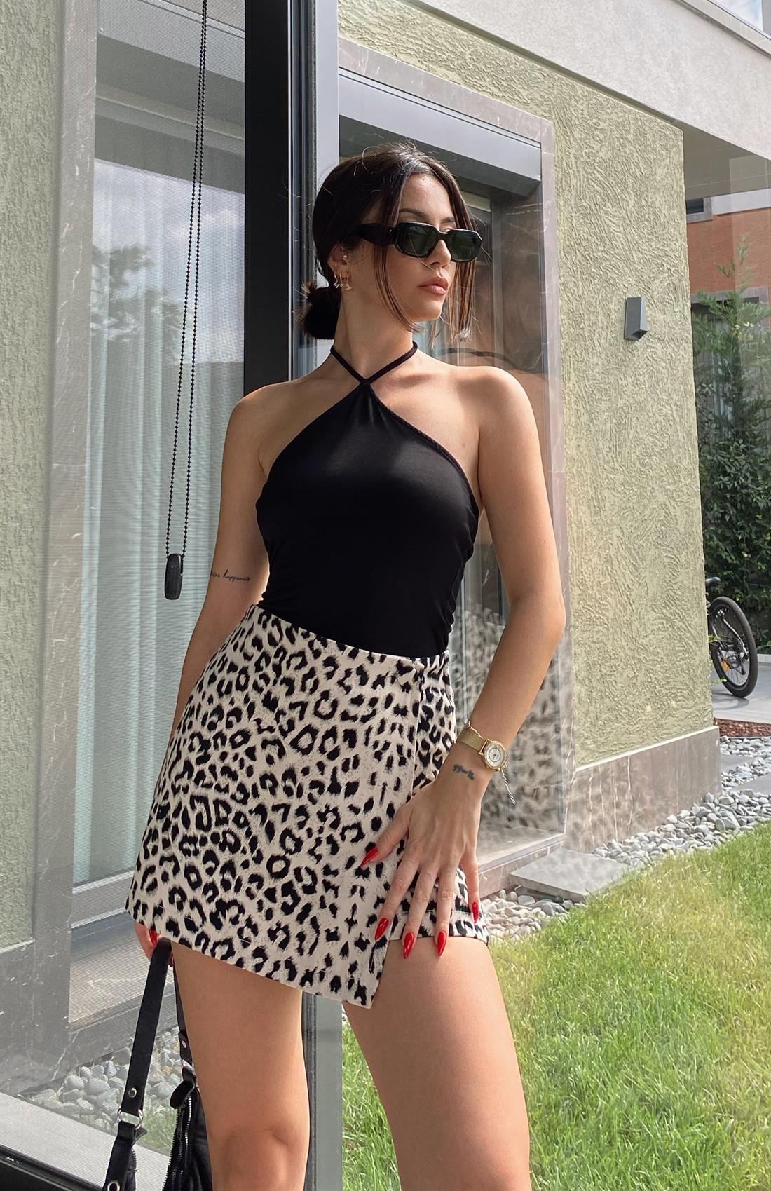 Leopar Desen Şort Etek BEJ