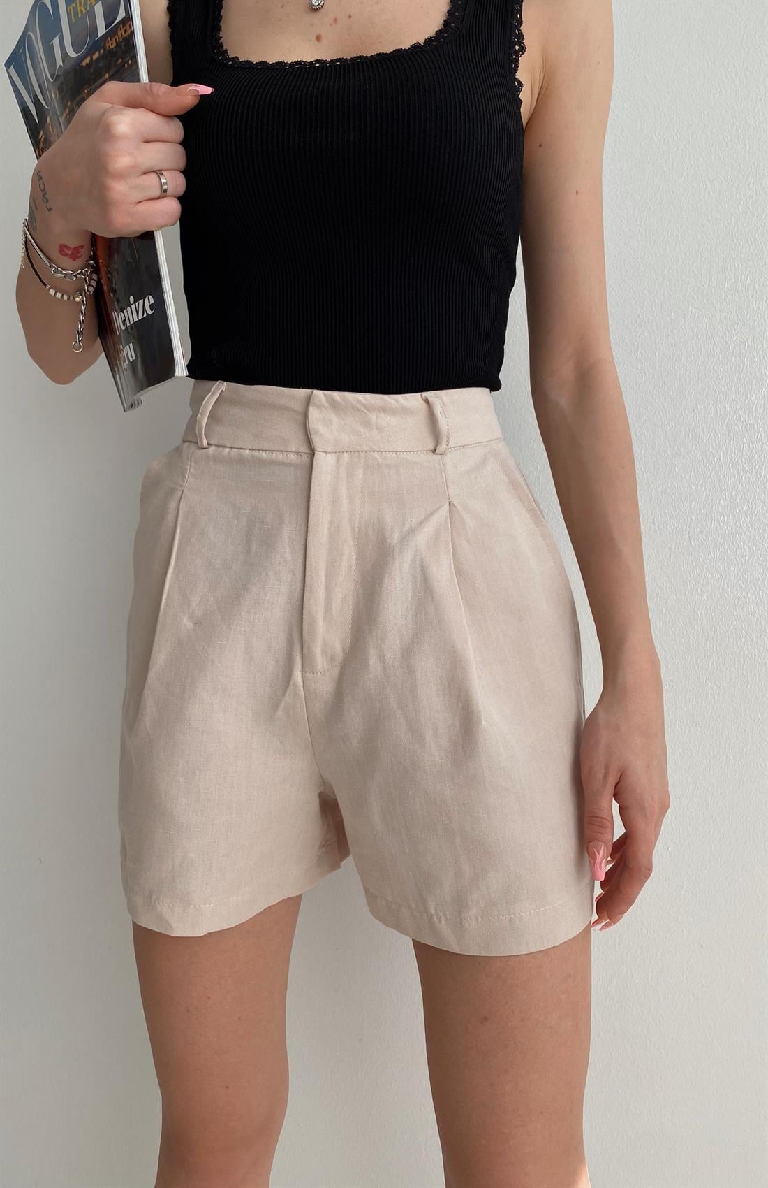 Önü Pileli Şort BEJ