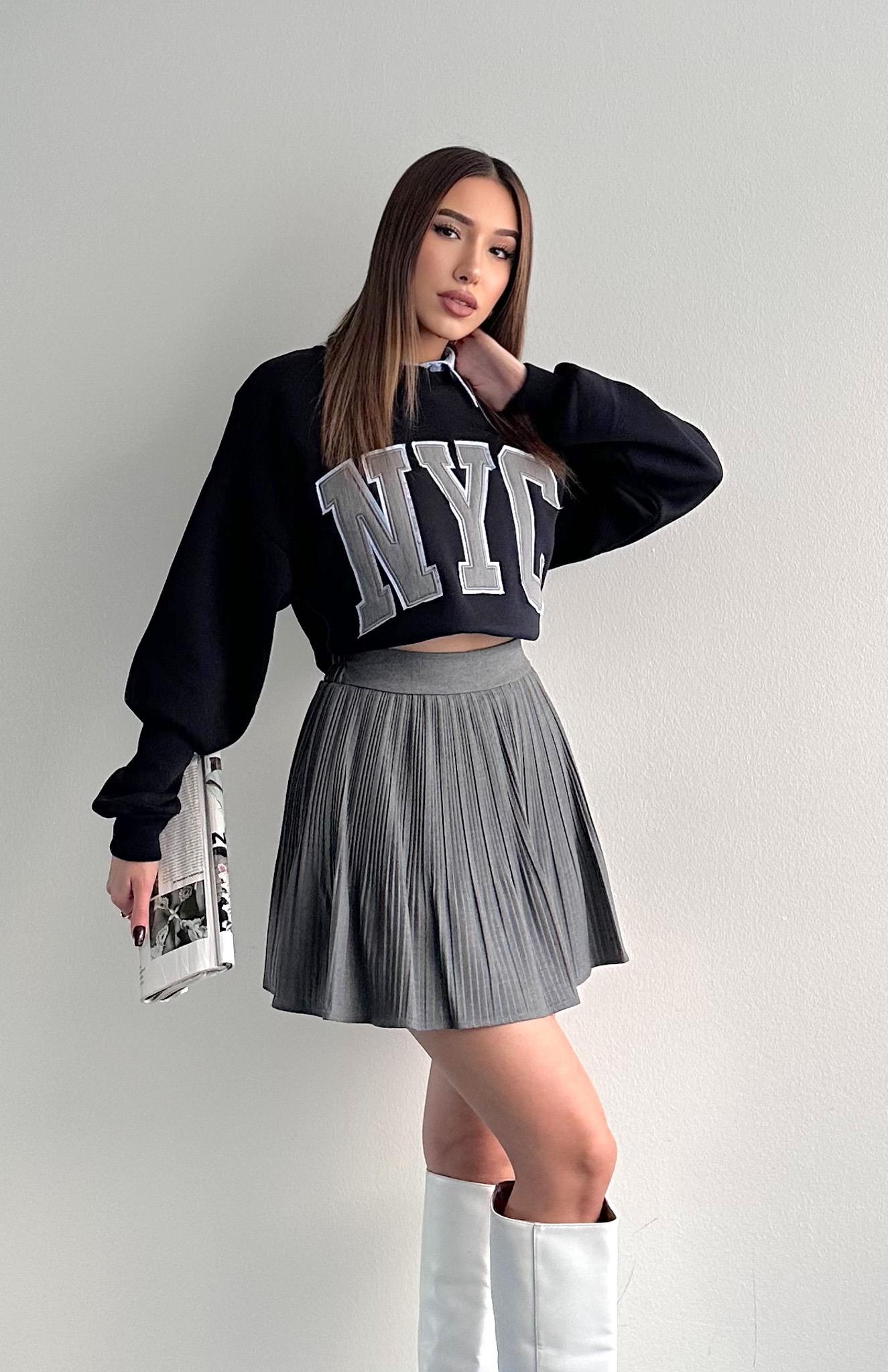 Pile Detaylı Etek KOYU GRİ