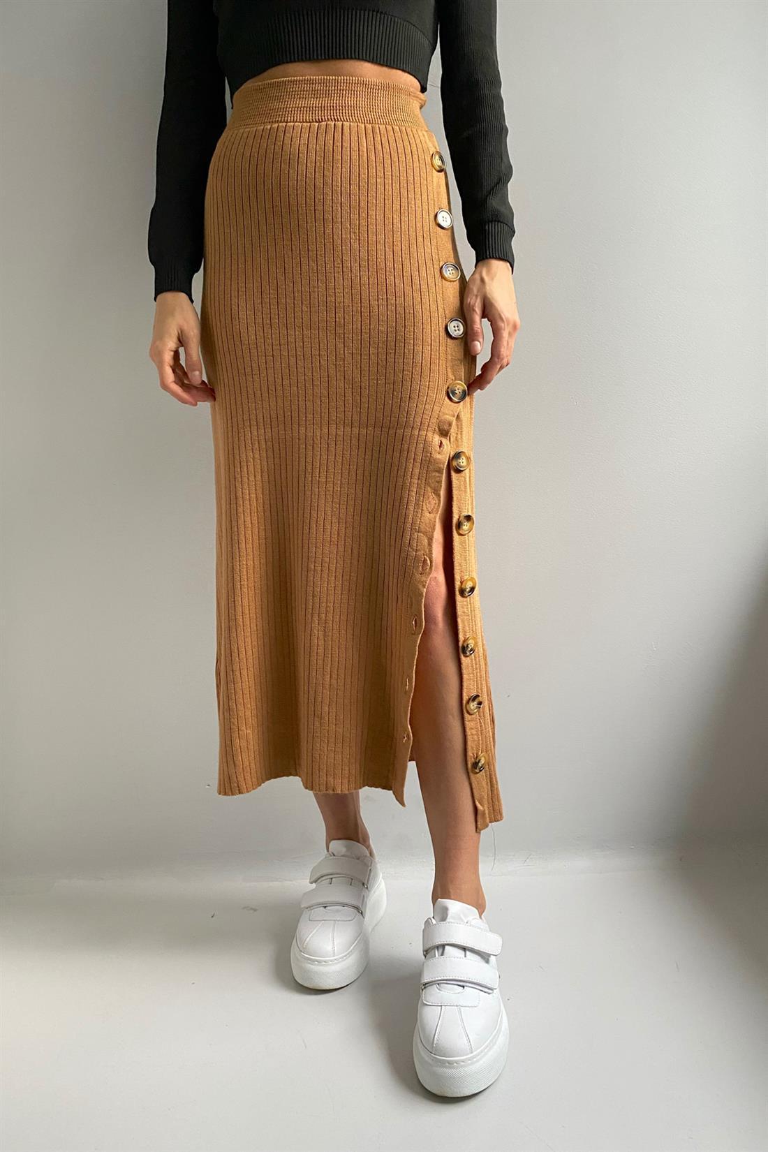 Rey Düğmeli Triko Etek CAMEL