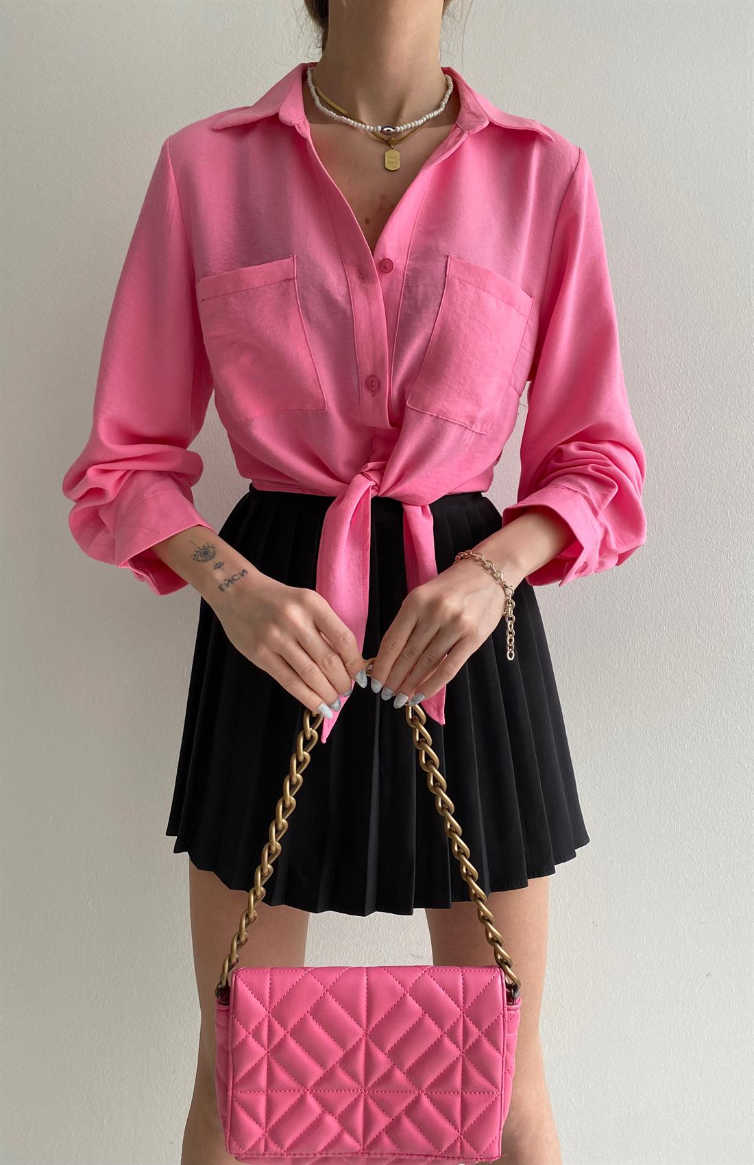 Alttan Bağlamalı Gömlek PEMBE