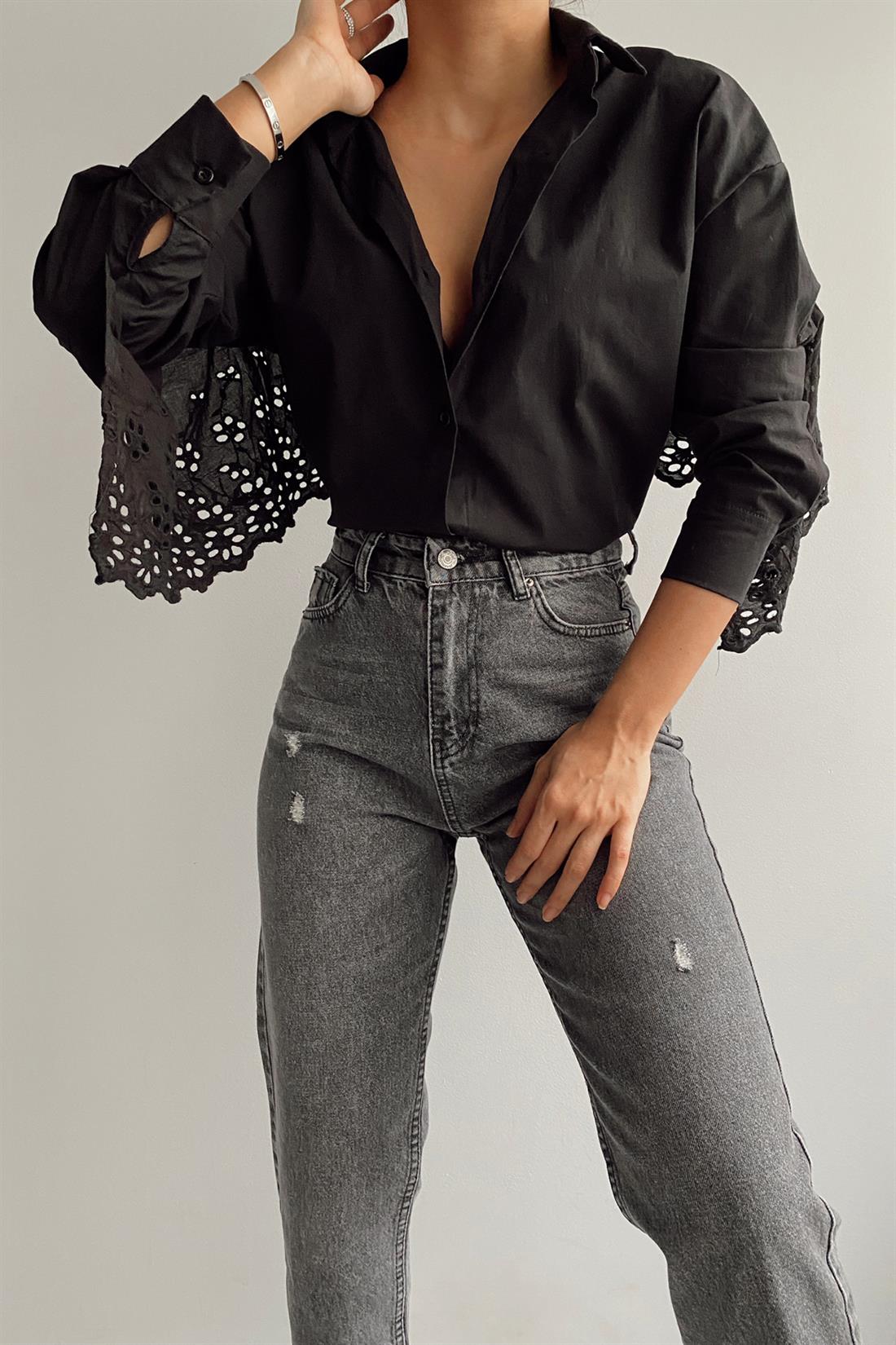 Arkası Dantelli Gömlek SİYAH