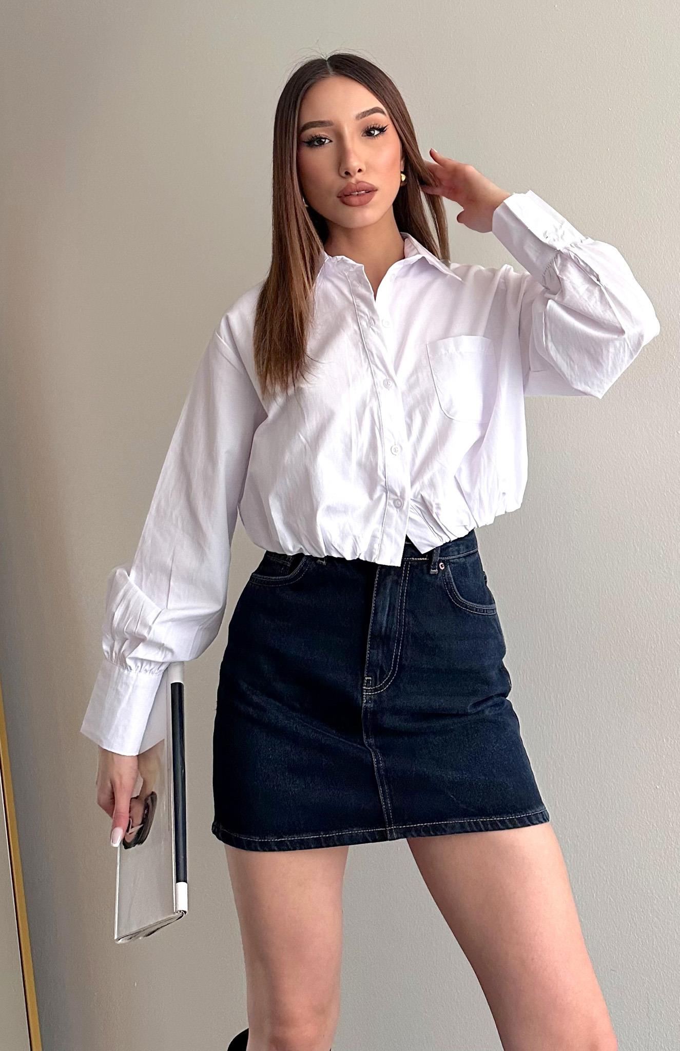 Balon Etekli Cepli Croplu Gömlek BEYAZ