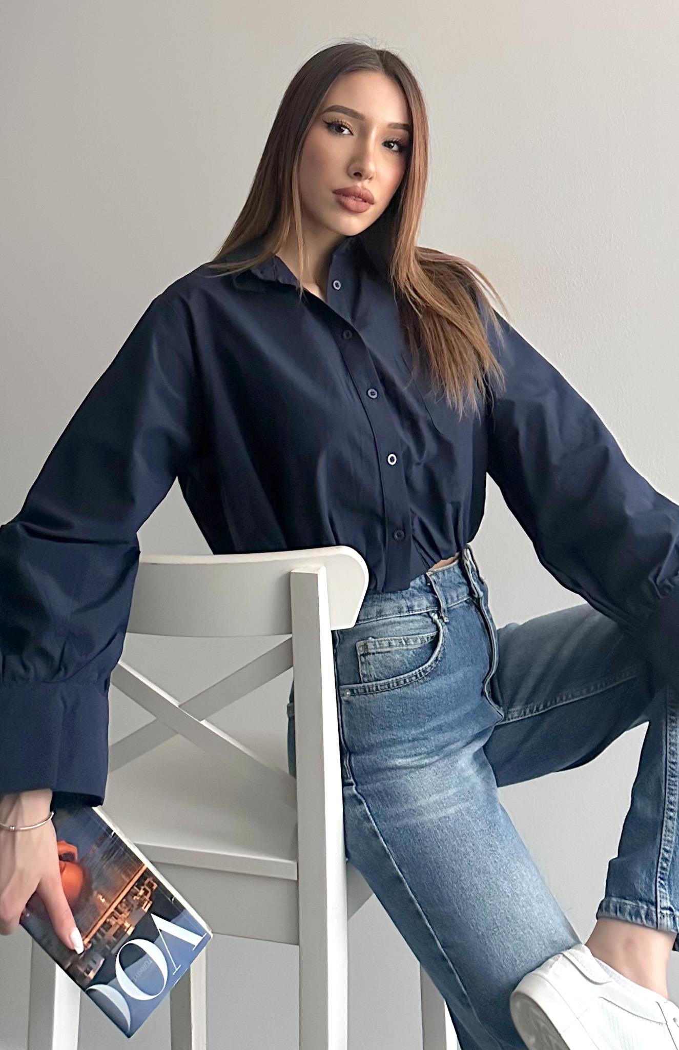 Balon Etekli Cepli Croplu Gömlek LACİVERT