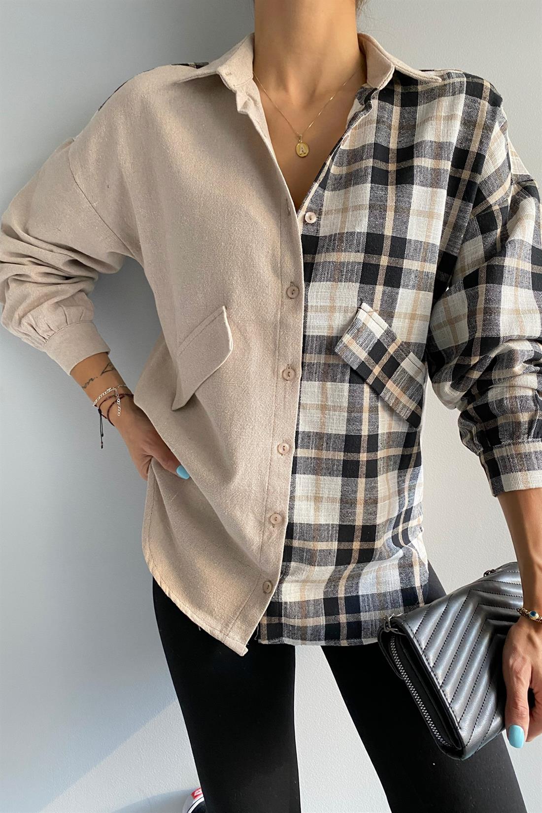 Bir Tarafı Ekoseli Gömlek BEJ