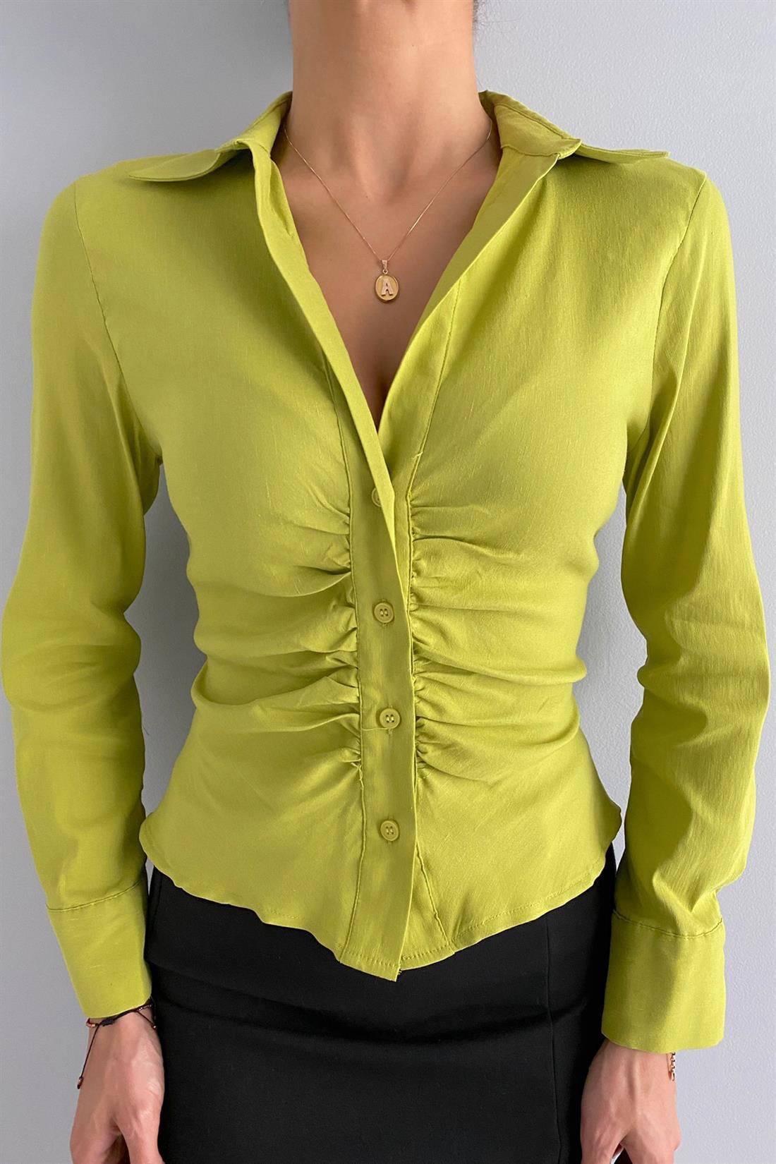 Büzgülü Fit Gömlek YAĞYEŞİLİ