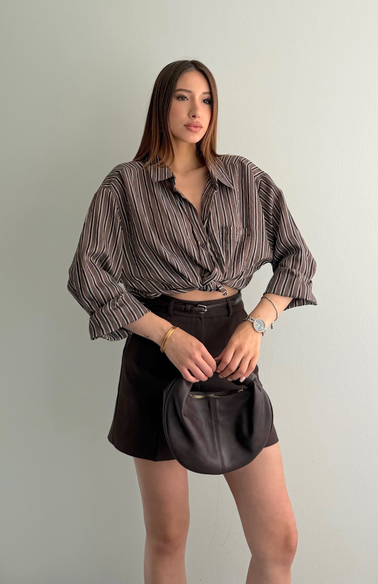 Cepli Oversize Enine Çizgili Gömlek KAHVERENGİ