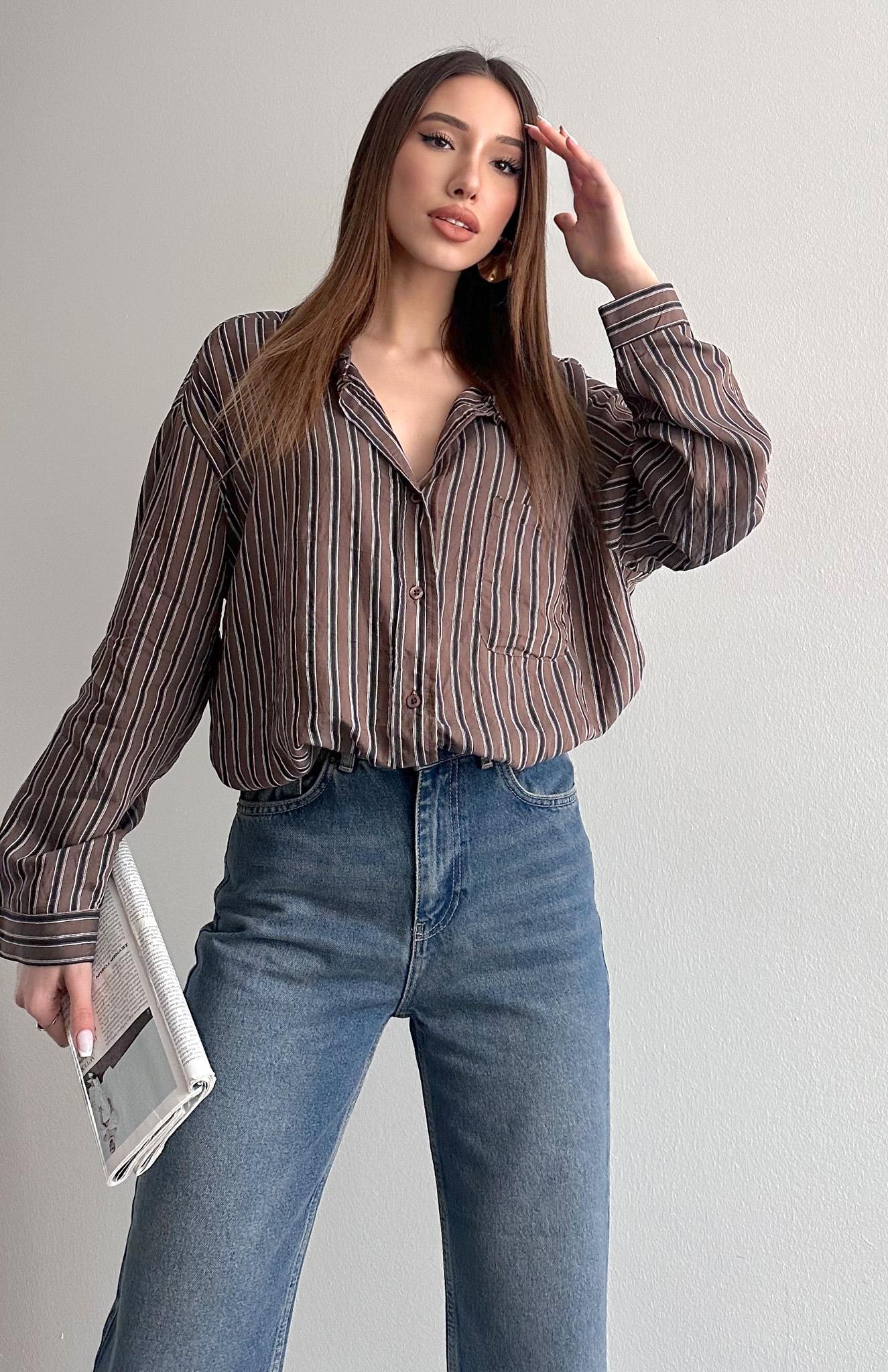 Cepli Oversize Enine Çizgili Gömlek KAHVERENGİ