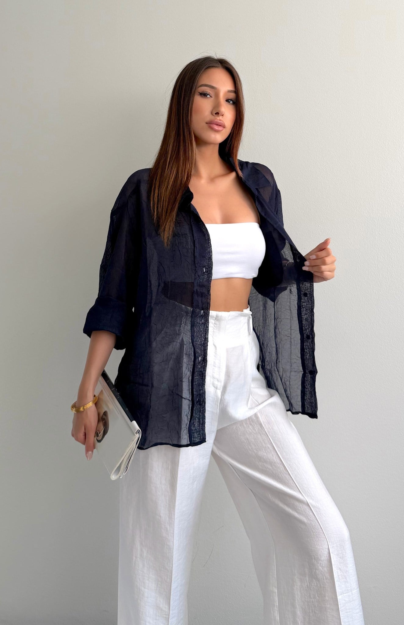 Cepli Oversize Kraşlı Şifon Gömlek LACİVERT