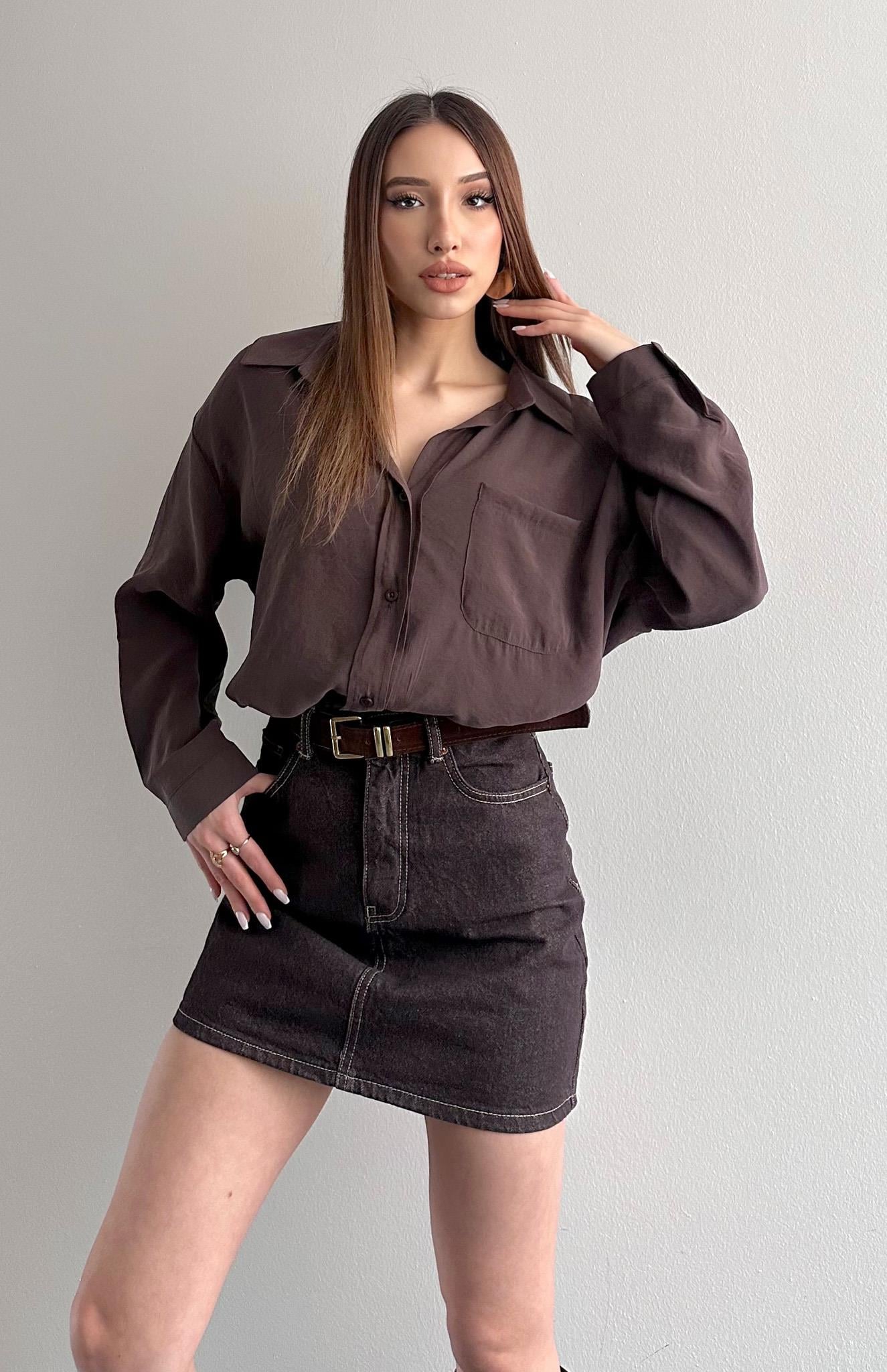 Cepli Oversize Modal Gömlek KAHVERENGİ