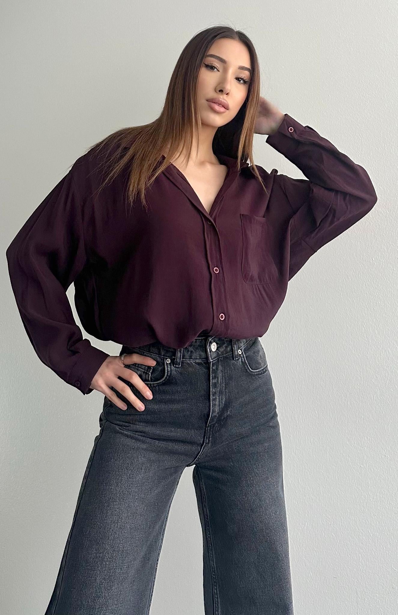 Cepli Oversize Modal Gömlek MÜRDÜM