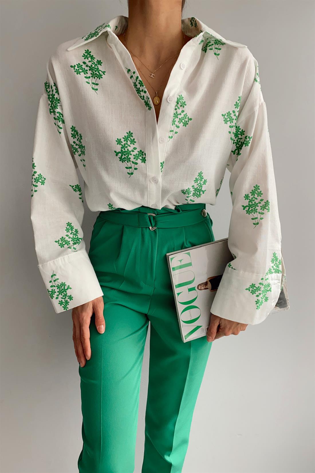 Çiçek Baskılı Gömlek YEŞİL