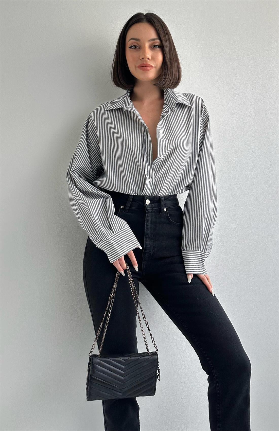 Çizgili Gömlek SİYAH-EKRU