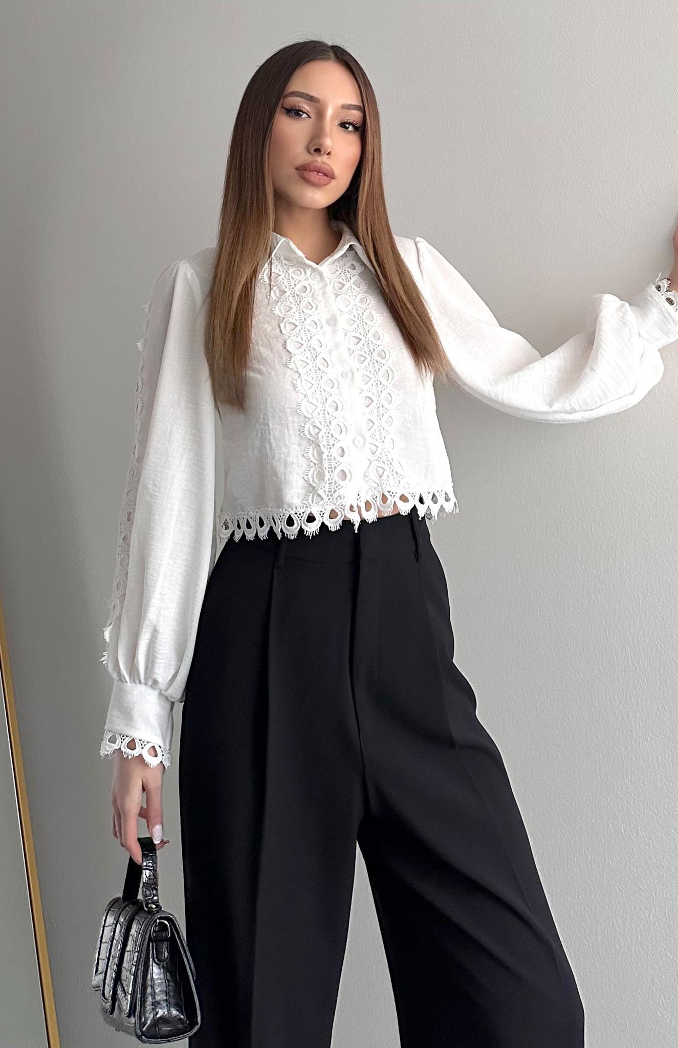 Dantelli Crop Keten Gömlek EKRU