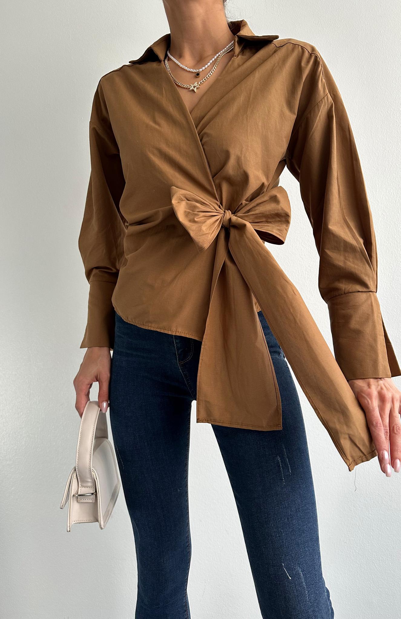 Düz Yandan Bağlamalı Gömlek CAMEL