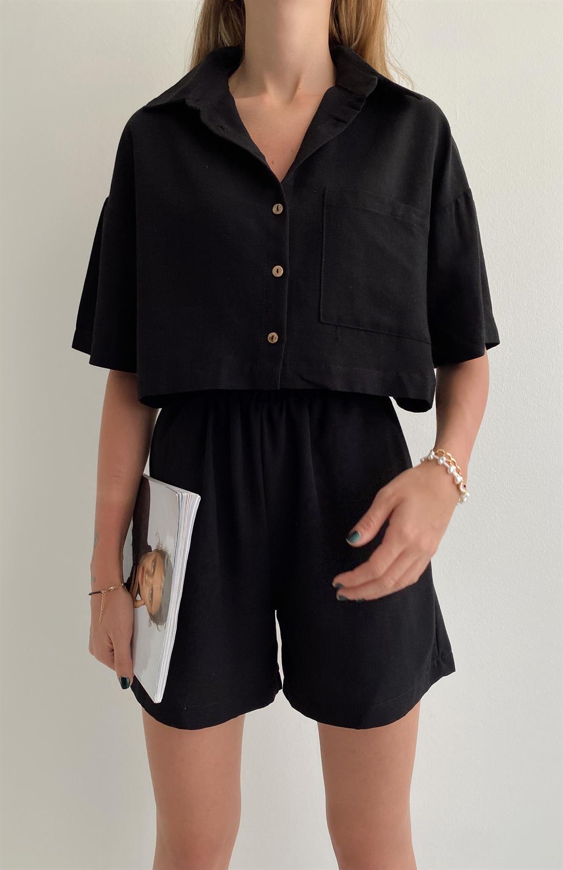 Keten Crop Gömlek SİYAH