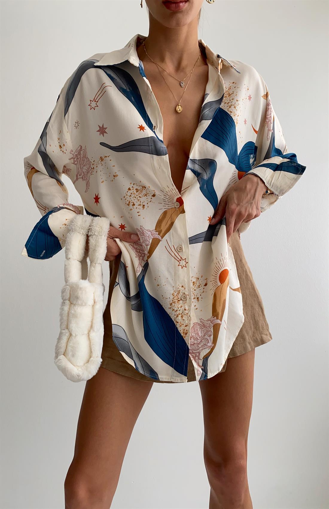 Kuş Baskılı Gömlek BEJ