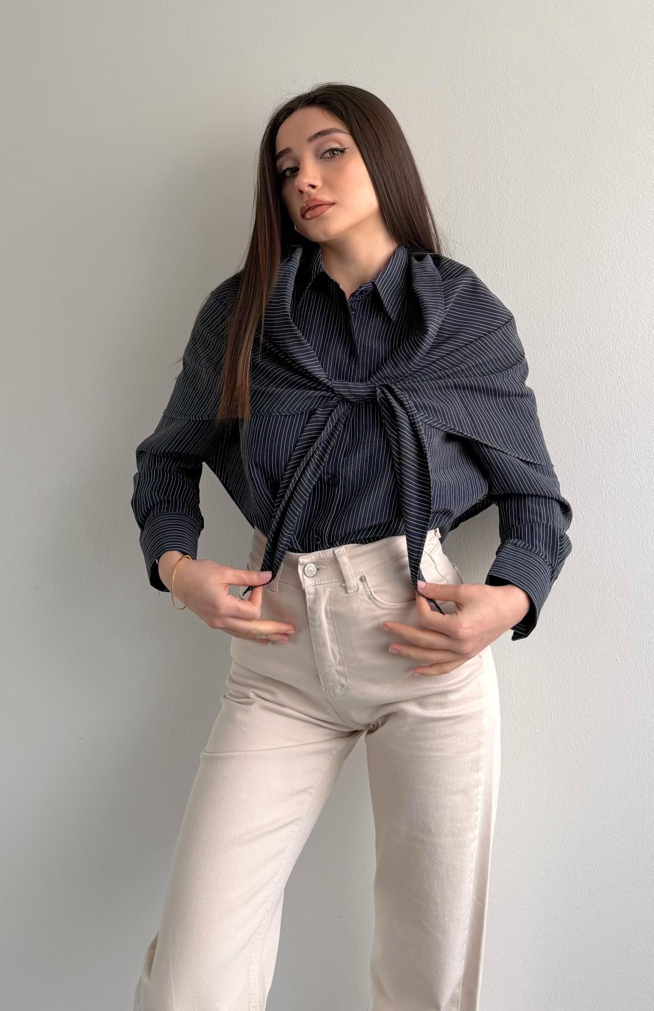 Mendilli Çizgili Gömlek SİYAH