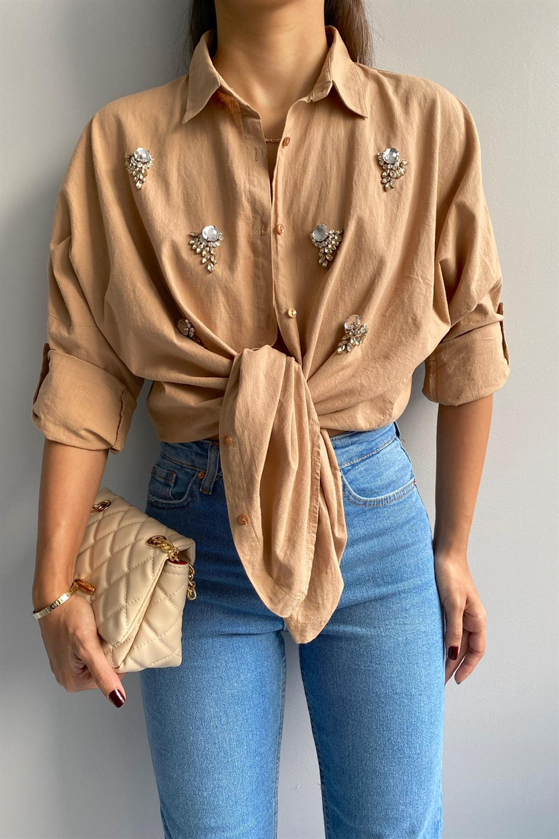 Mercan Taş Keten Oversize Gömlek CAMEL