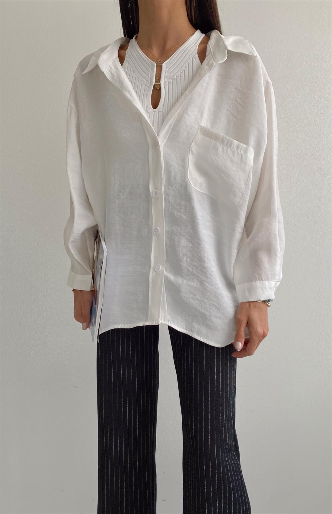 Omzu Düşük Oversize Gömlek BEYAZ