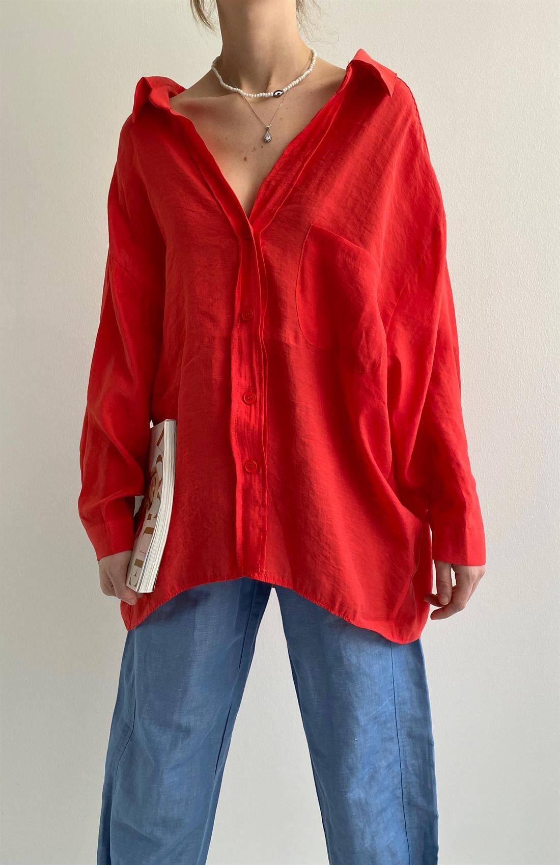 Omzu Düşük Oversize Gömlek KIRMIZI