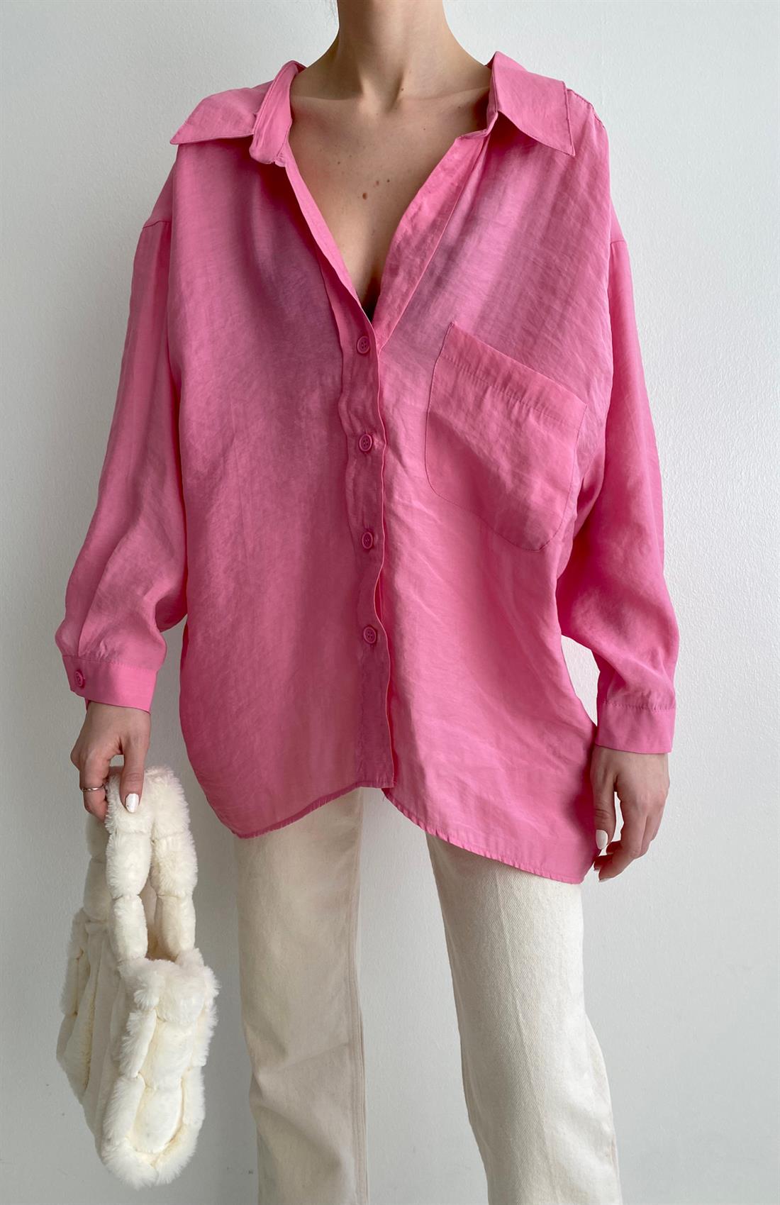 Omzu Düşük Oversize Gömlek PEMBE