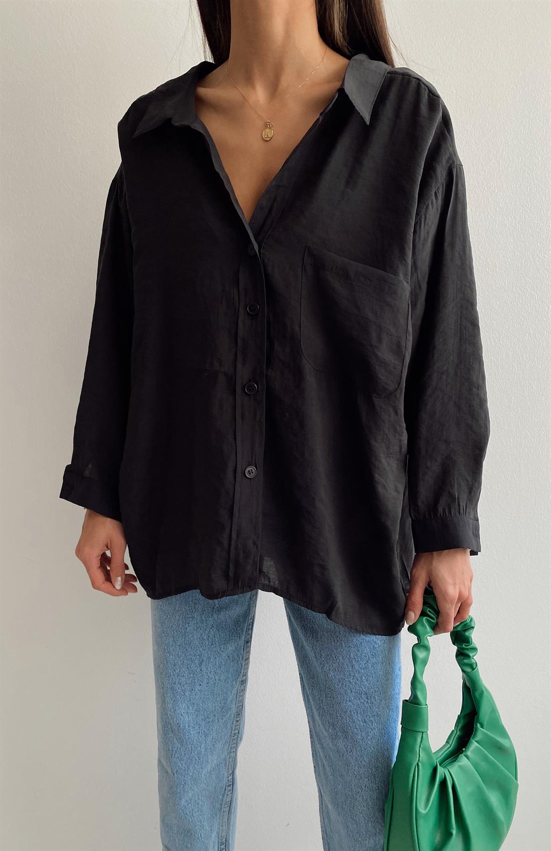 Omzu Düşük Oversize Gömlek SİYAH