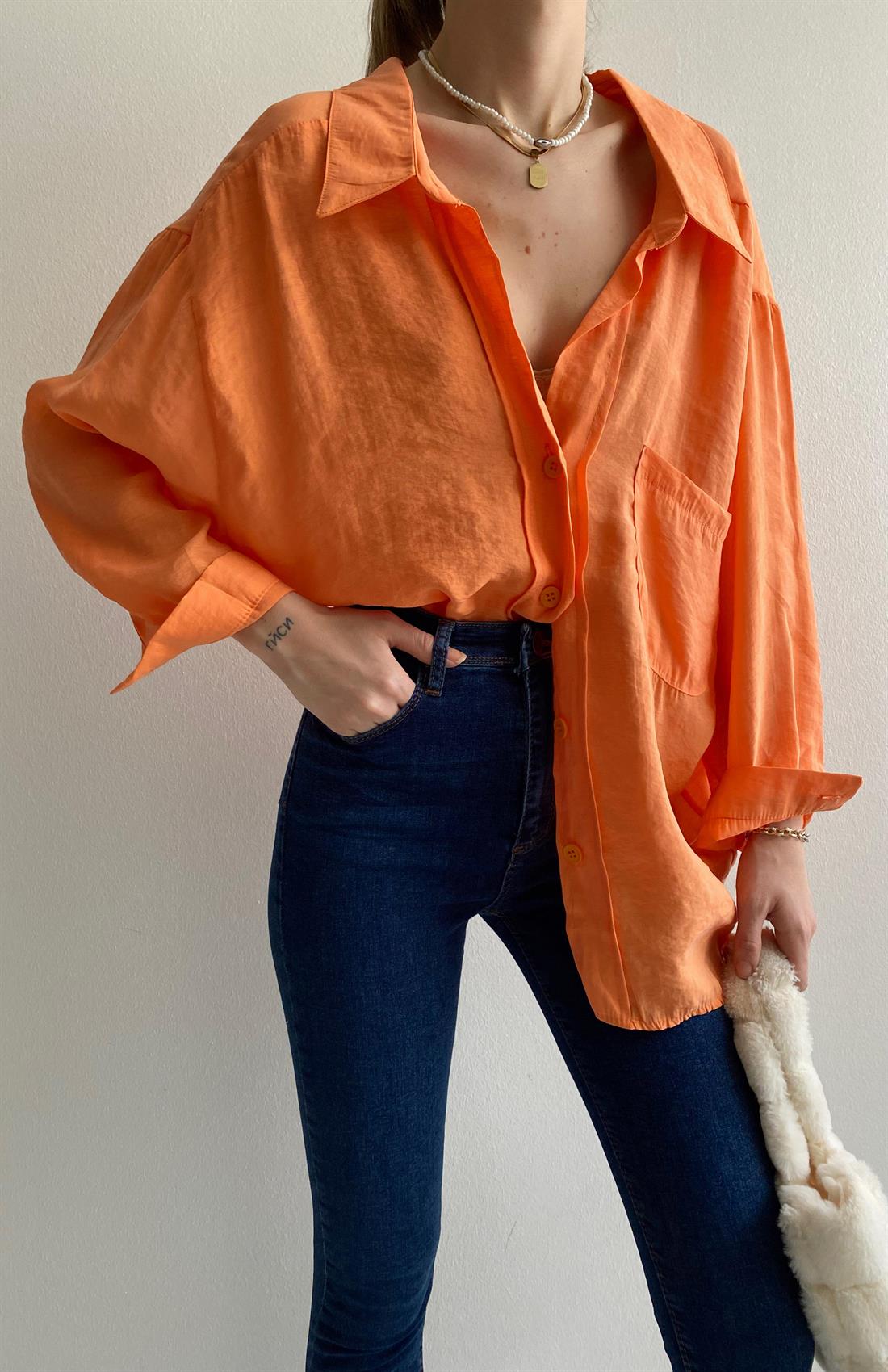 Omzu Düşük Oversize Gömlek TURUNCU